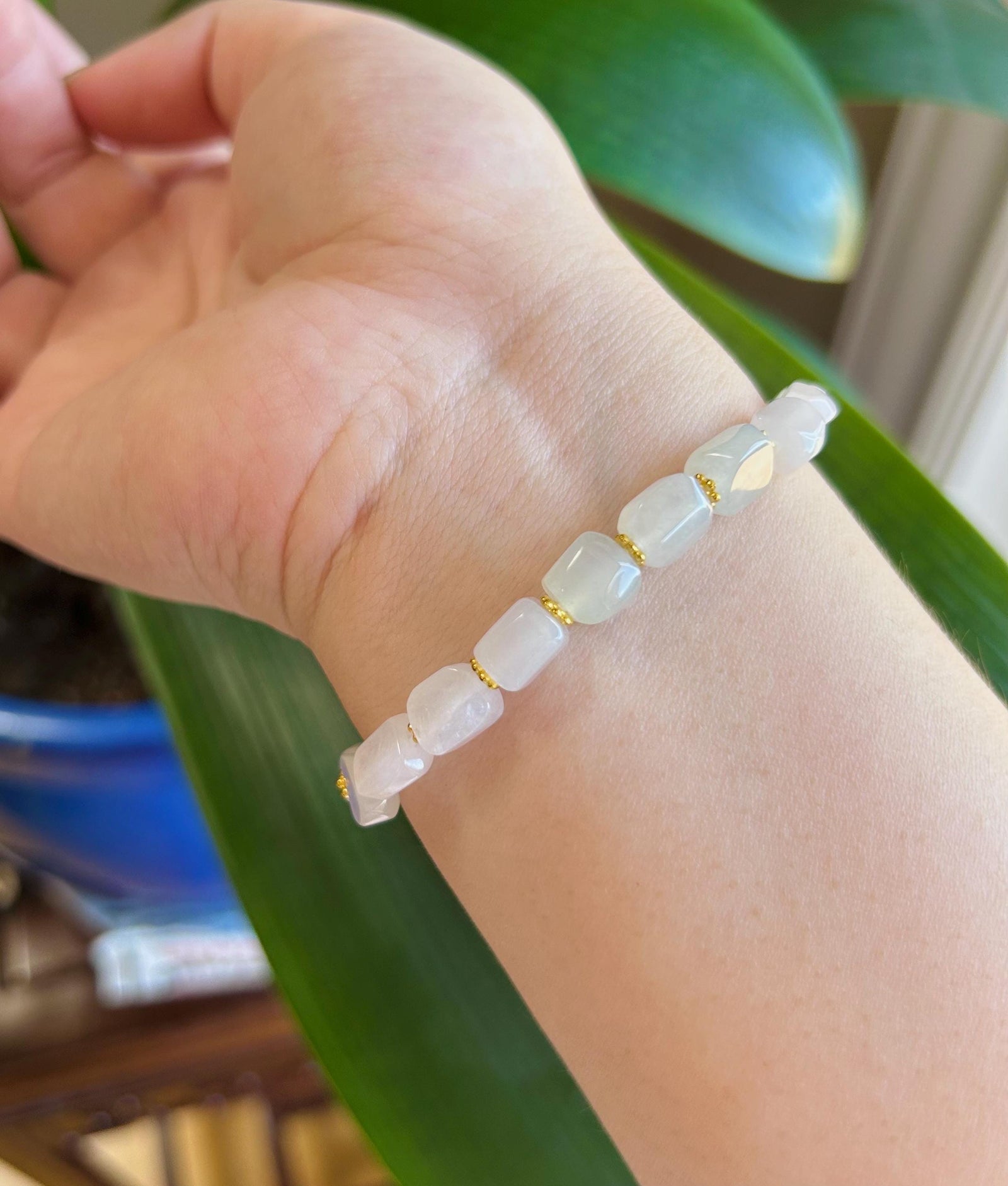 Jadeite Jade Beaded Bracelet Handmade Jewelry Gift for Her Natural Burmese Type A Icy High Translucency Icy White Ice Cube Jade 8mm