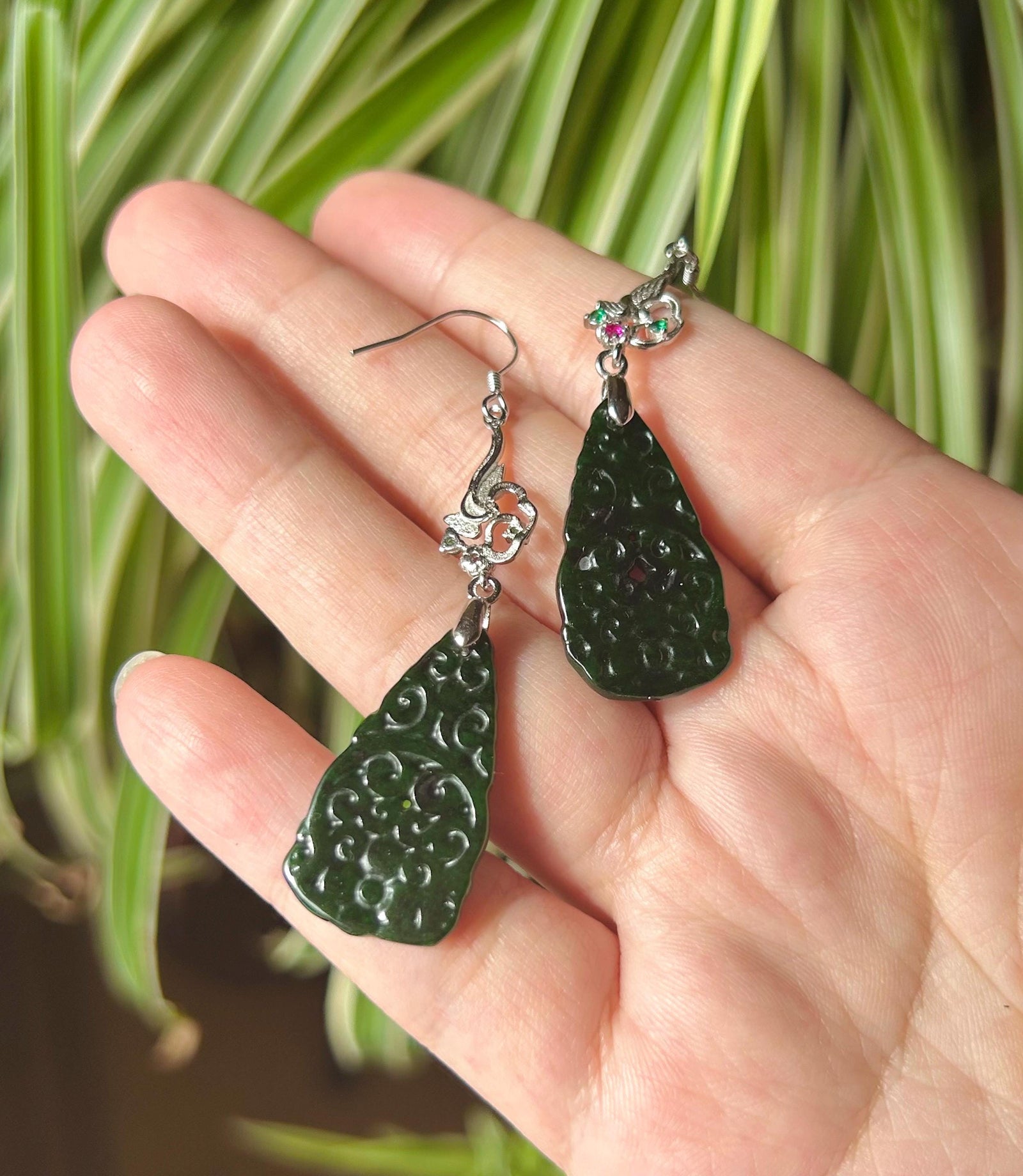 Jadeite Jade & Silver Earrings Handcrafted Jewelry Gift for Her Natural Burmese Type A Icy Translucent Gelatinous Icy Dark Green Jade