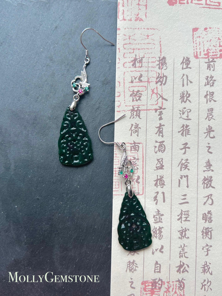 Jadeite Jade & Silver Earrings Handcrafted Jewelry Gift for Her Natural Burmese Type A Icy Translucent Gelatinous Icy Dark Green Jade