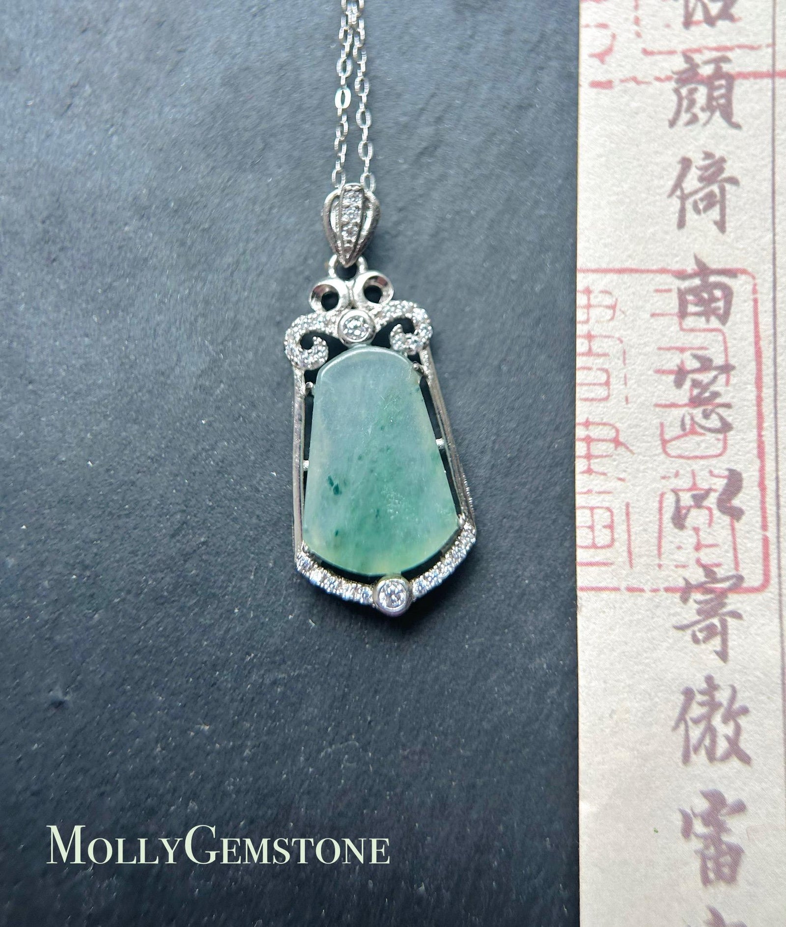 Jadeite Jade Pendant Sterling Silver Necklace Jewelry Gift for Her Burmese Untreated Type A Highly Translucent Icy Blue Green Floral Jade