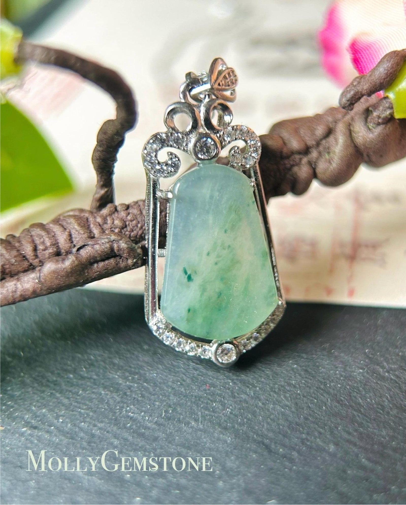 Jadeite Jade Pendant Sterling Silver Necklace Jewelry Gift for Her Burmese Untreated Type A Highly Translucent Icy Blue Green Floral Jade