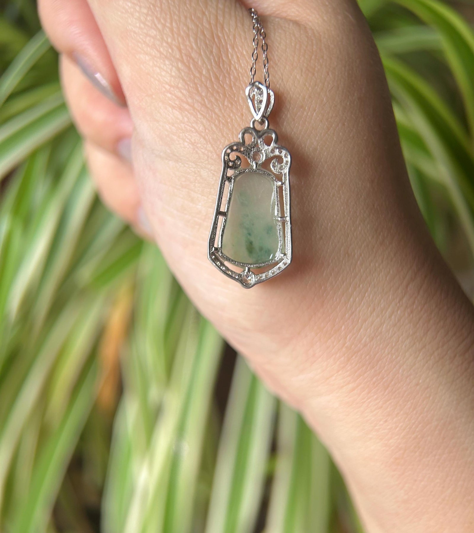 Jadeite Jade Pendant Sterling Silver Necklace Jewelry Gift for Her Burmese Untreated Type A Highly Translucent Icy Blue Green Floral Jade