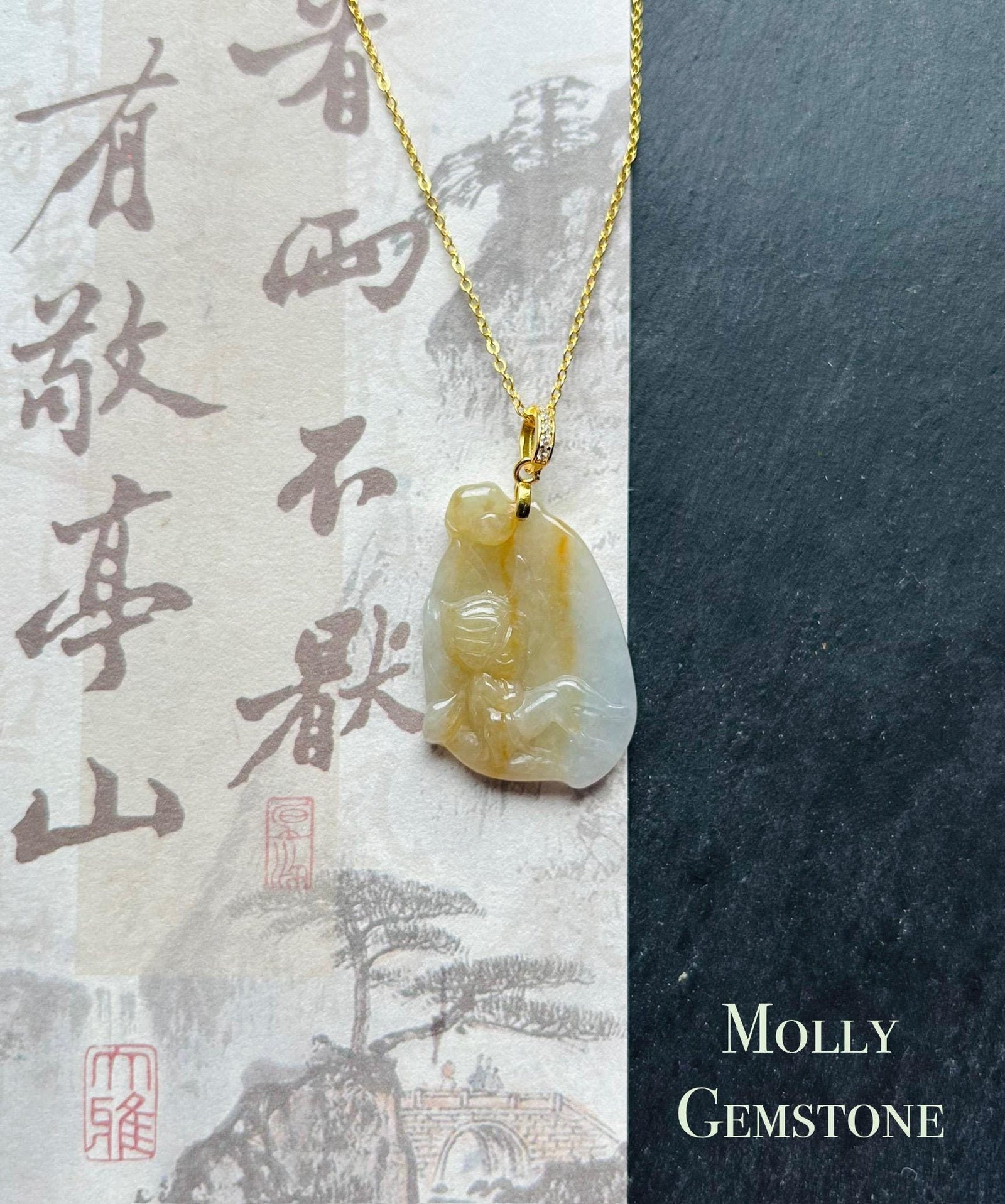 Jadeite Jade Cute Fairy Pendant Necklace Jewelry Gift for Her Natural Burmese Type A Icy Highly Translucent Yellow Jadeite & Sterling Silver