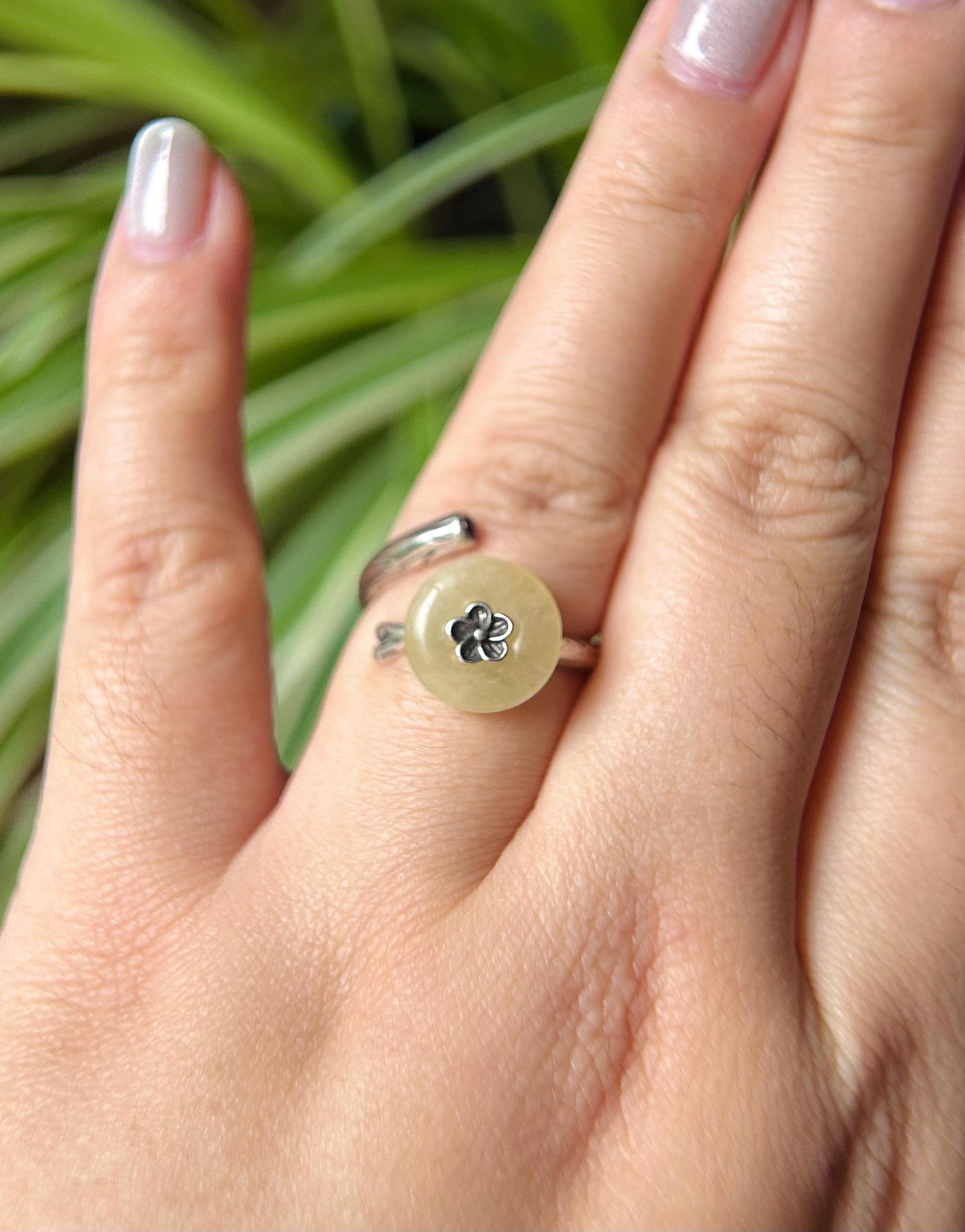 Natural Jadeite Jade Lucky Donut Ring Jewelry Gift for Her Burmese Type A Icy Gelatinous Yellow / Purple Adjustable Sterling Silver Ring