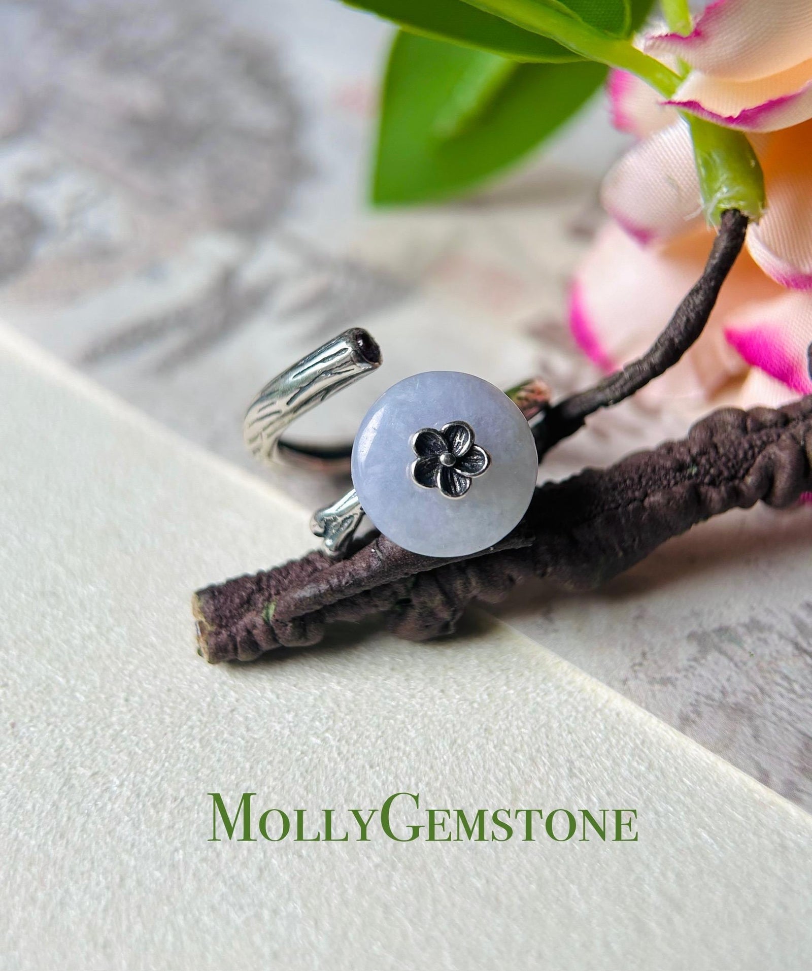 Natural Jadeite Jade Lucky Donut Ring Jewelry Gift for Her Burmese Type A Icy Gelatinous Yellow / Purple Adjustable Sterling Silver Ring
