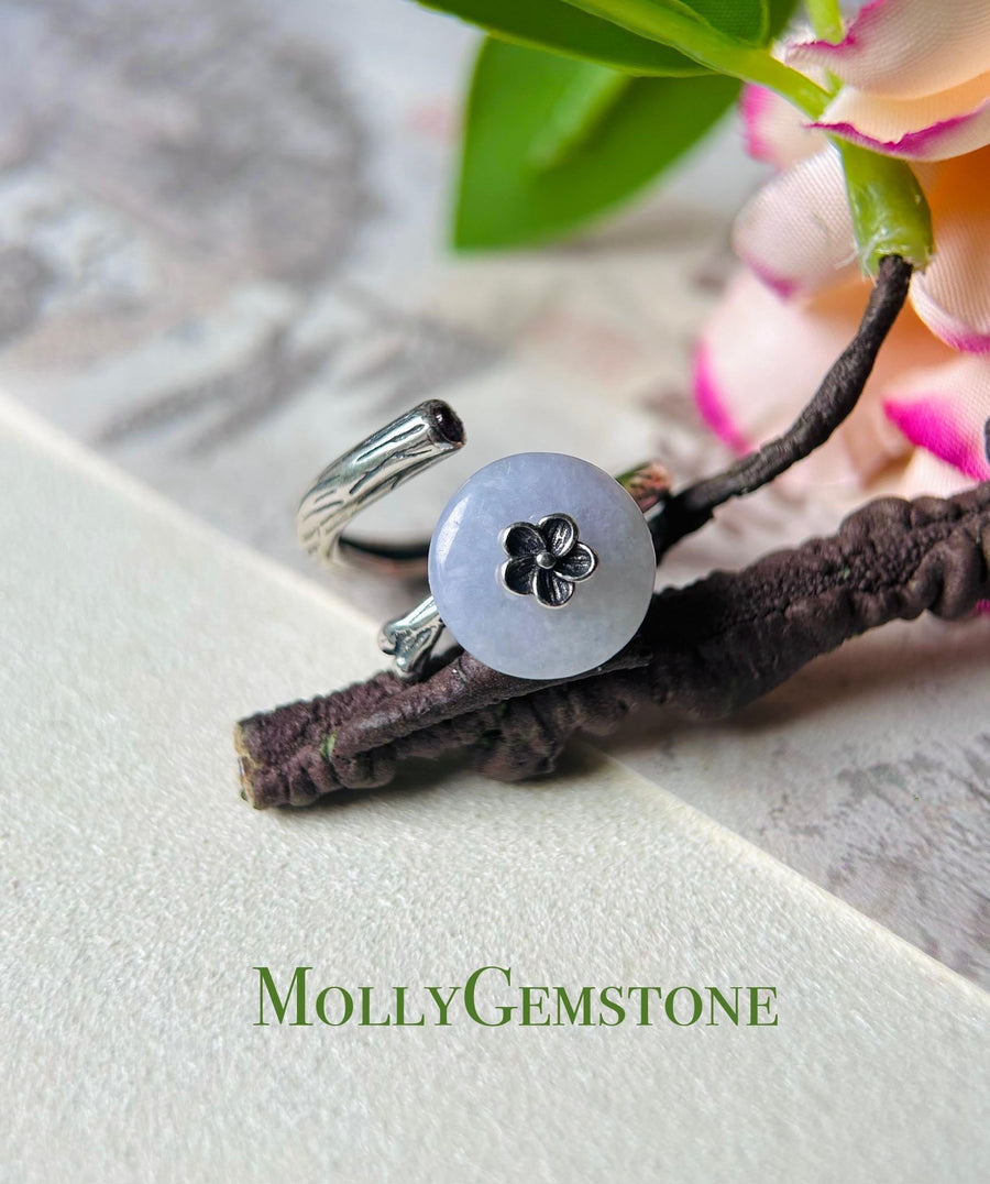 Natural Jadeite Jade Lucky Donut Ring Jewelry Gift for Her Burmese Type A Icy Gelatinous Yellow / Purple Adjustable Sterling Silver Ring