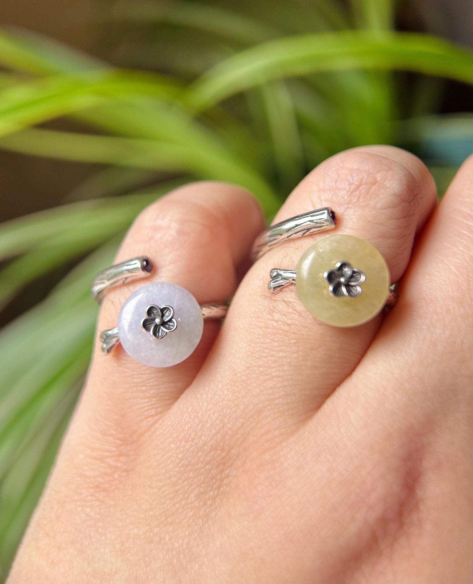 Natural Jadeite Jade Lucky Donut Ring Jewelry Gift for Her Burmese Type A Icy Gelatinous Yellow / Purple Adjustable Sterling Silver Ring