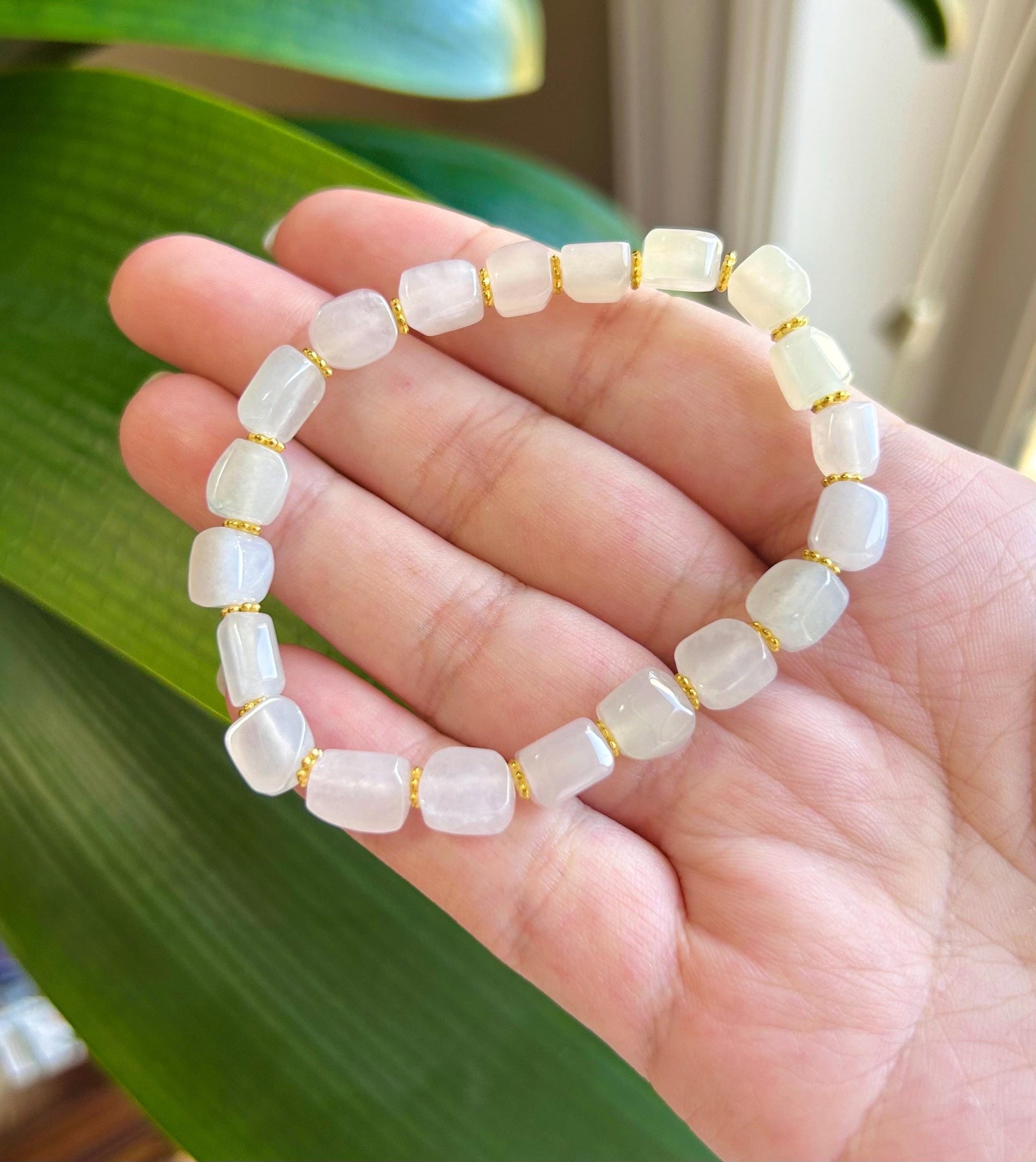 Jadeite Jade Beaded Bracelet Handmade Jewelry Gift for Her Natural Burmese Type A Icy High Translucency Icy White Ice Cube Jade 8mm