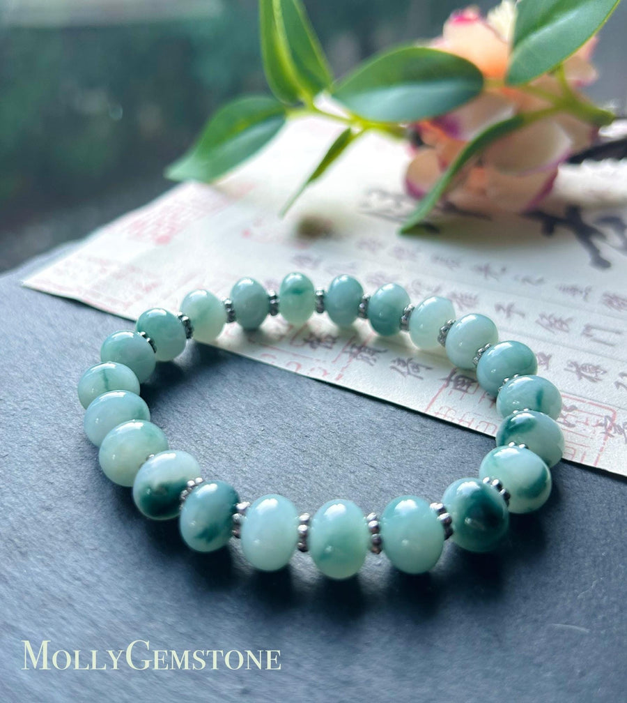 Jadeite Jade Beaded Bracelet Jewelry Gift for Her Natural Untreated Burmese Type A Icy Translucent Blue Floral 9mm Jade Drum Bead FeiCui