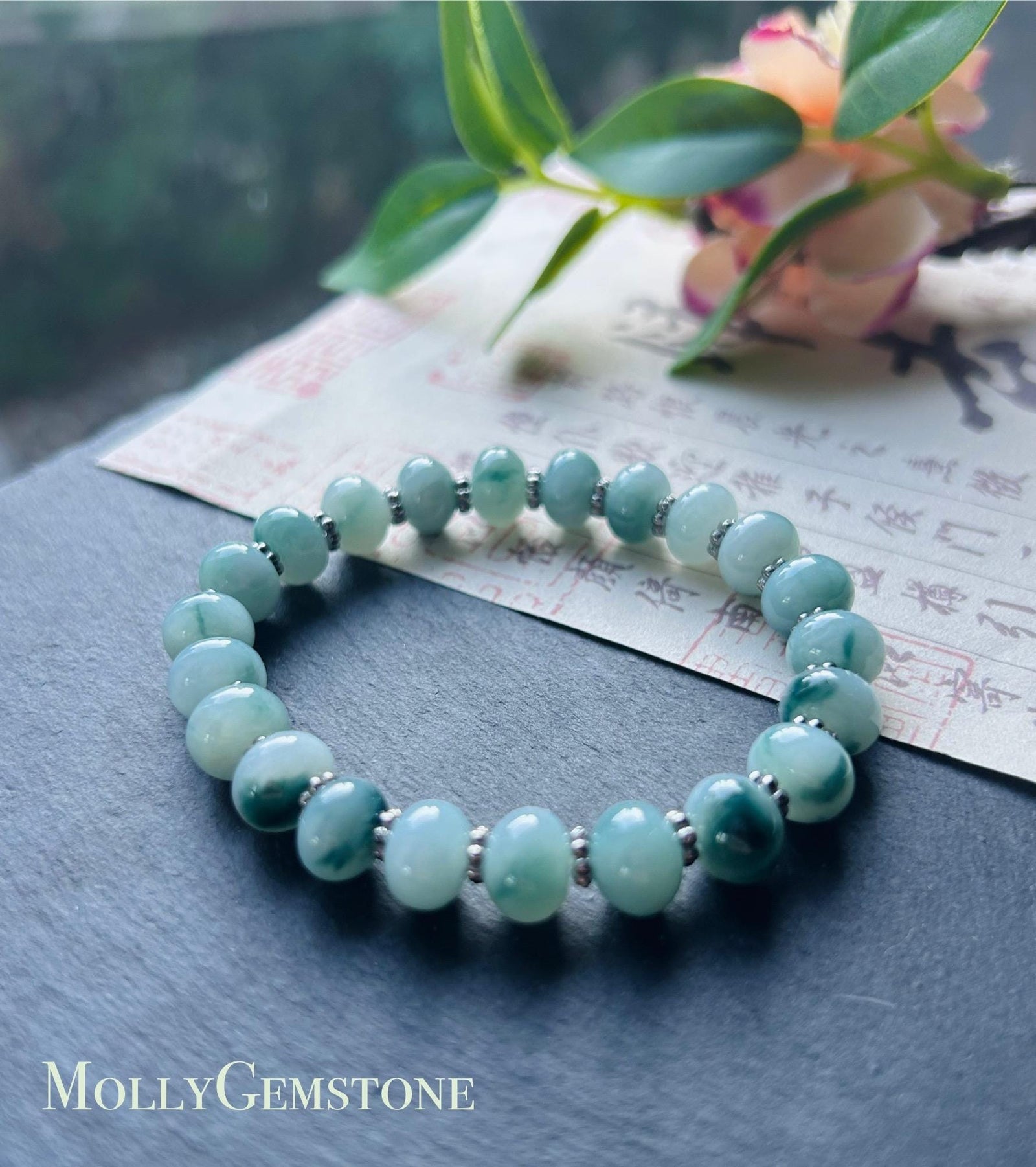 Jadeite Jade Beaded Bracelet Jewelry Gift for Her Natural Untreated Burmese Type A Icy Translucent Blue Floral 9mm Jade Drum Bead FeiCui