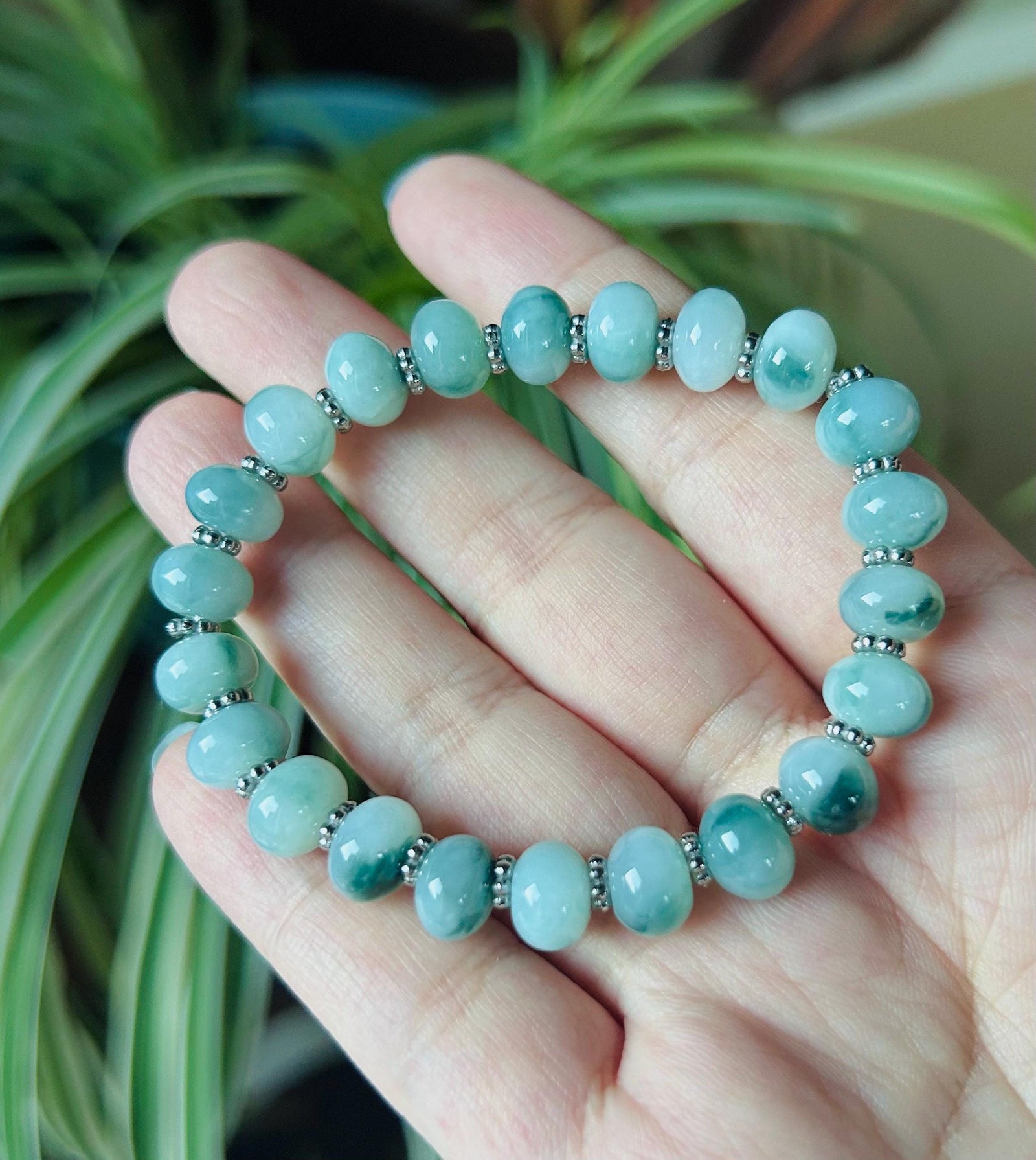Jadeite Jade Beaded Bracelet Jewelry Gift for Her Natural Untreated Burmese Type A Icy Translucent Blue Floral 9mm Jade Drum Bead FeiCui