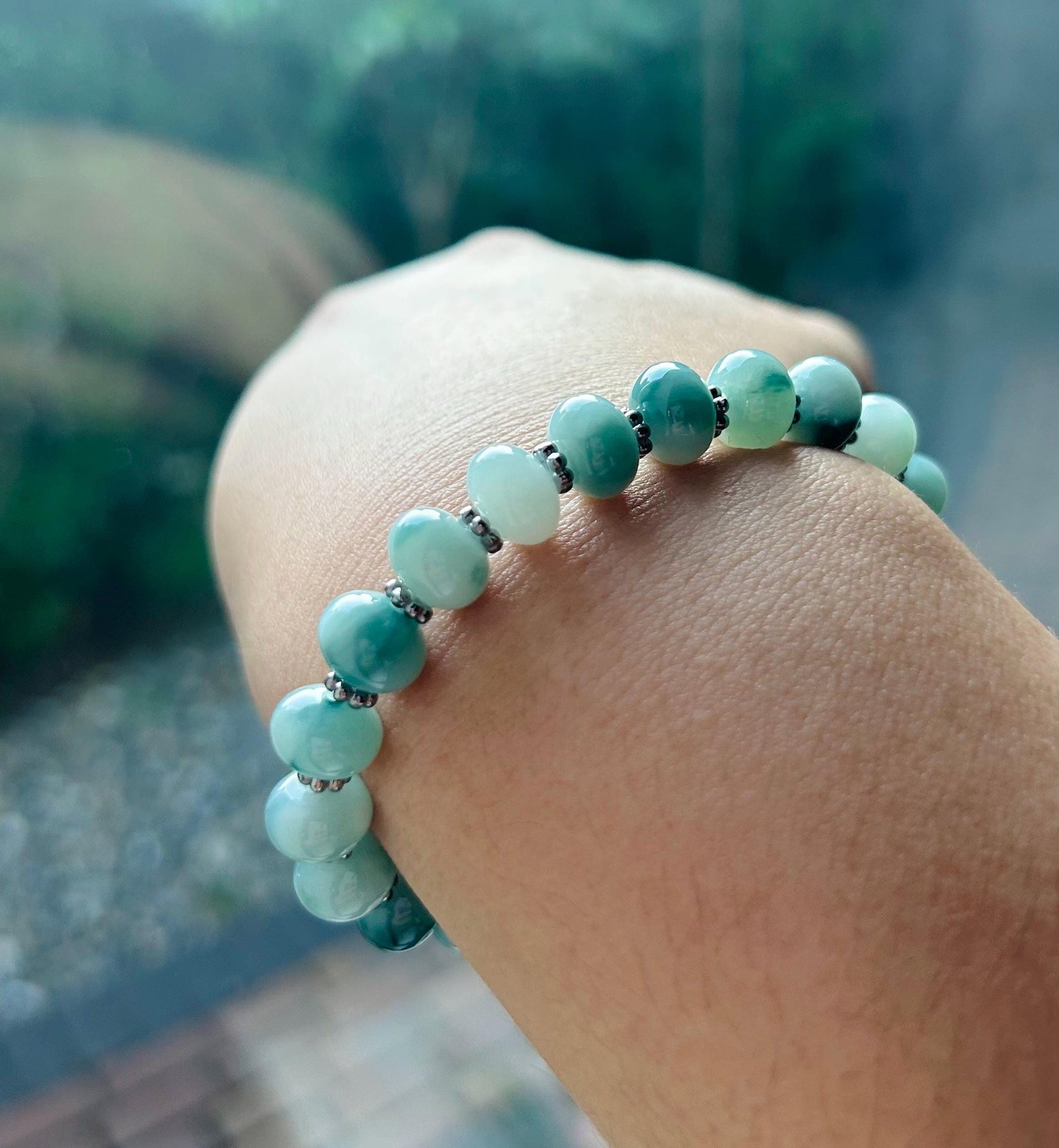Jadeite Jade Beaded Bracelet Jewelry Gift for Her Natural Untreated Burmese Type A Icy Translucent Blue Floral 9mm Jade Drum Bead FeiCui