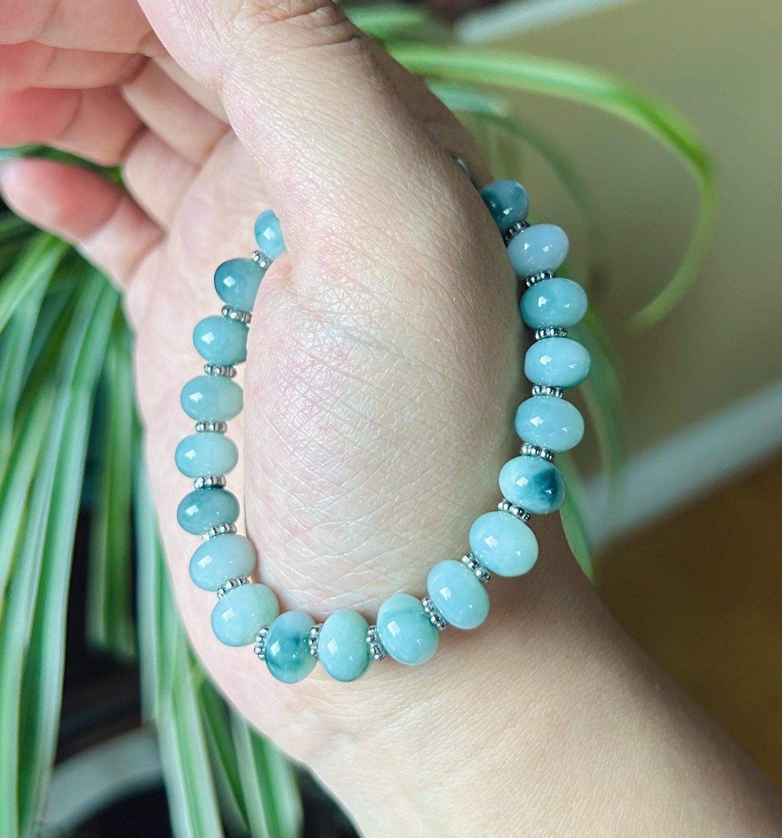 Jadeite Jade Beaded Bracelet Jewelry Gift for Her Natural Untreated Burmese Type A Icy Translucent Blue Floral 9mm Jade Drum Bead FeiCui