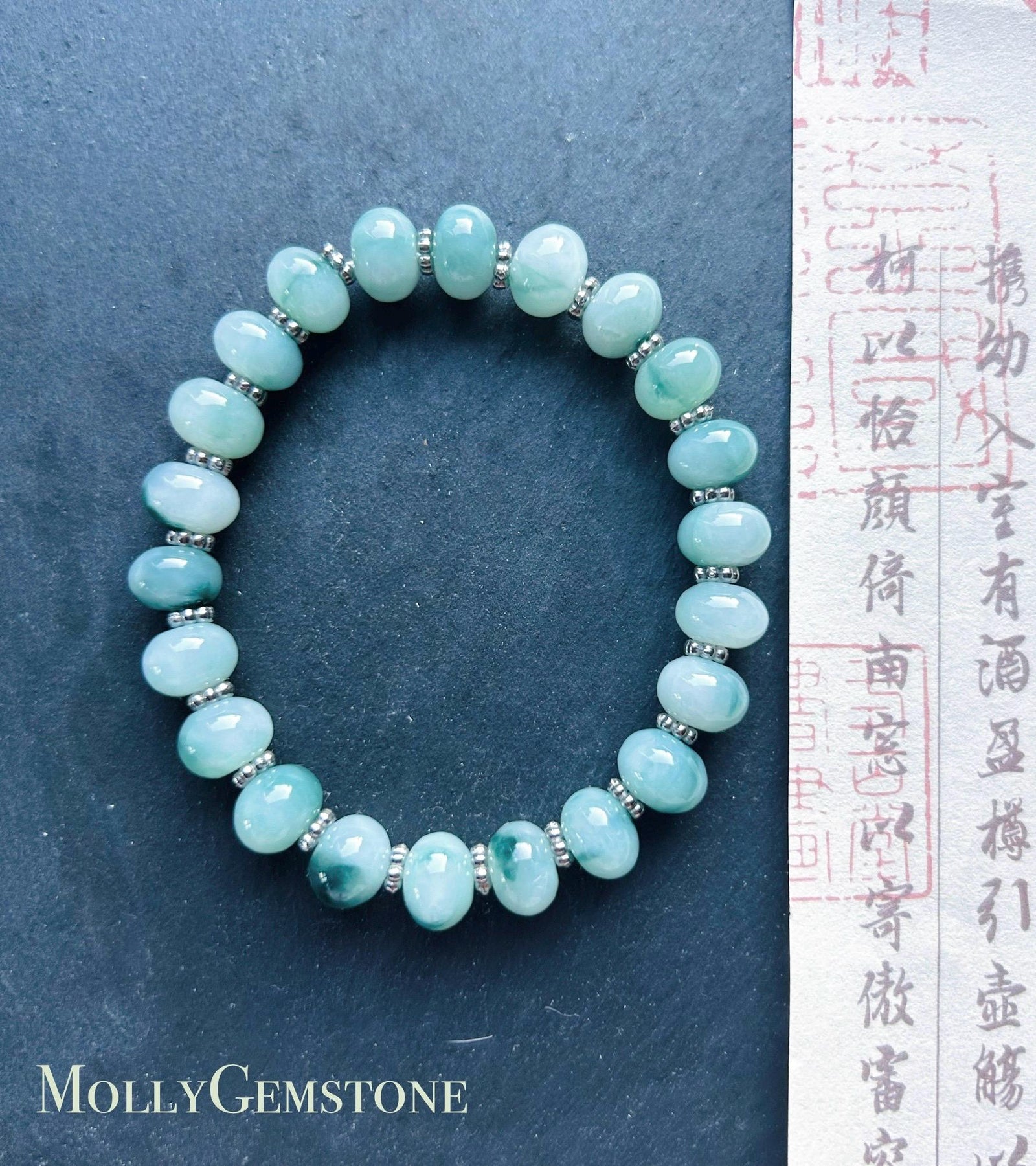 Jadeite Jade Beaded Bracelet Jewelry Gift for Her Natural Untreated Burmese Type A Icy Translucent Blue Floral 9mm Jade Drum Bead FeiCui