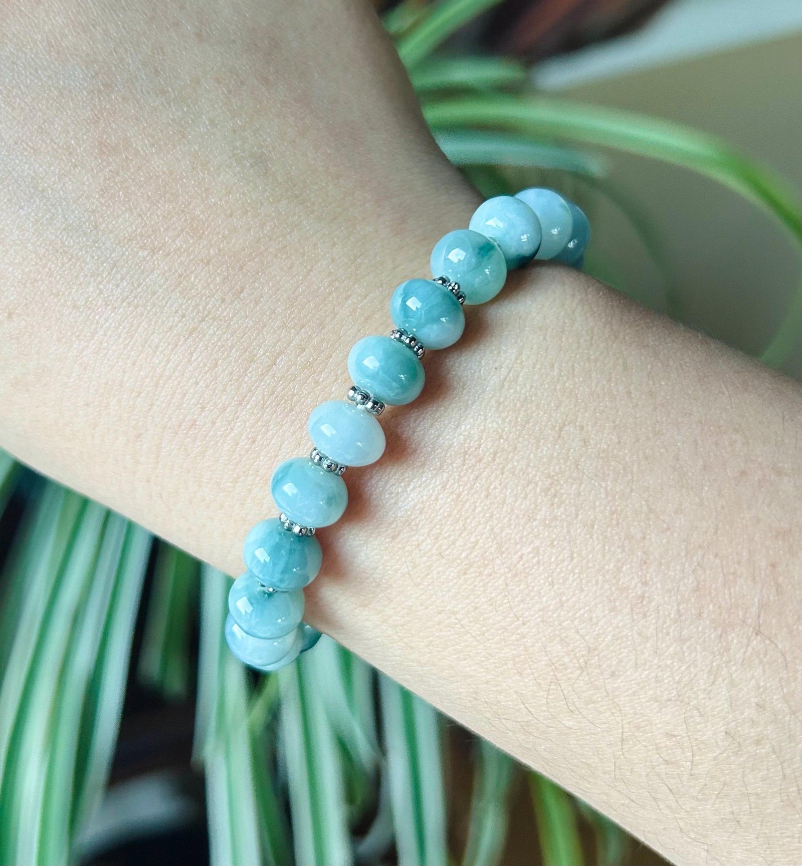 Jadeite Jade Beaded Bracelet Jewelry Gift for Her Natural Untreated Burmese Type A Icy Translucent Blue Floral 9mm Jade Drum Bead FeiCui