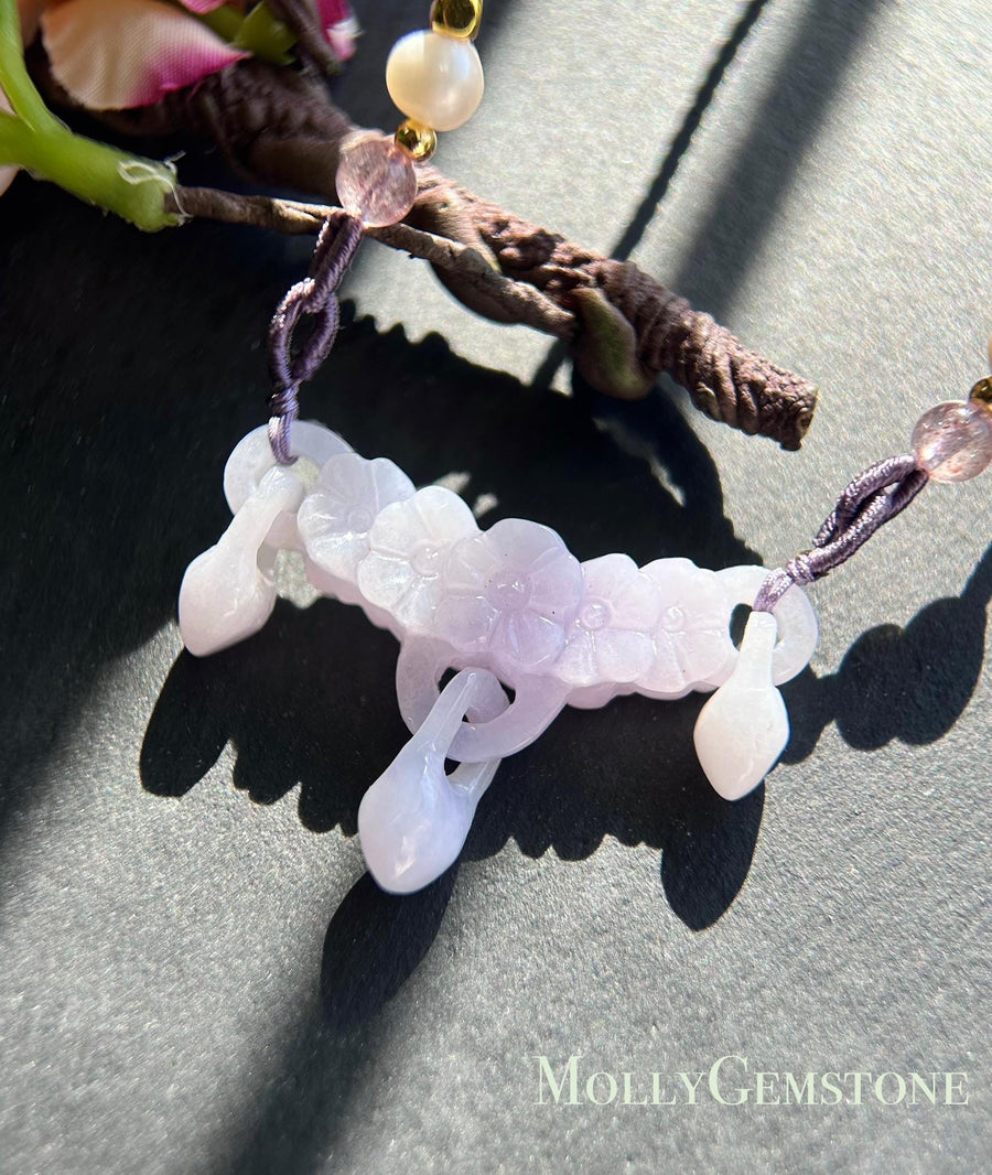 Jadeite Jade Crecent Pendant Handwoven Jewelry Gift Natural Burmese Type A Highly Translucent Icy Green or Purple Hand-carved Jade Flower