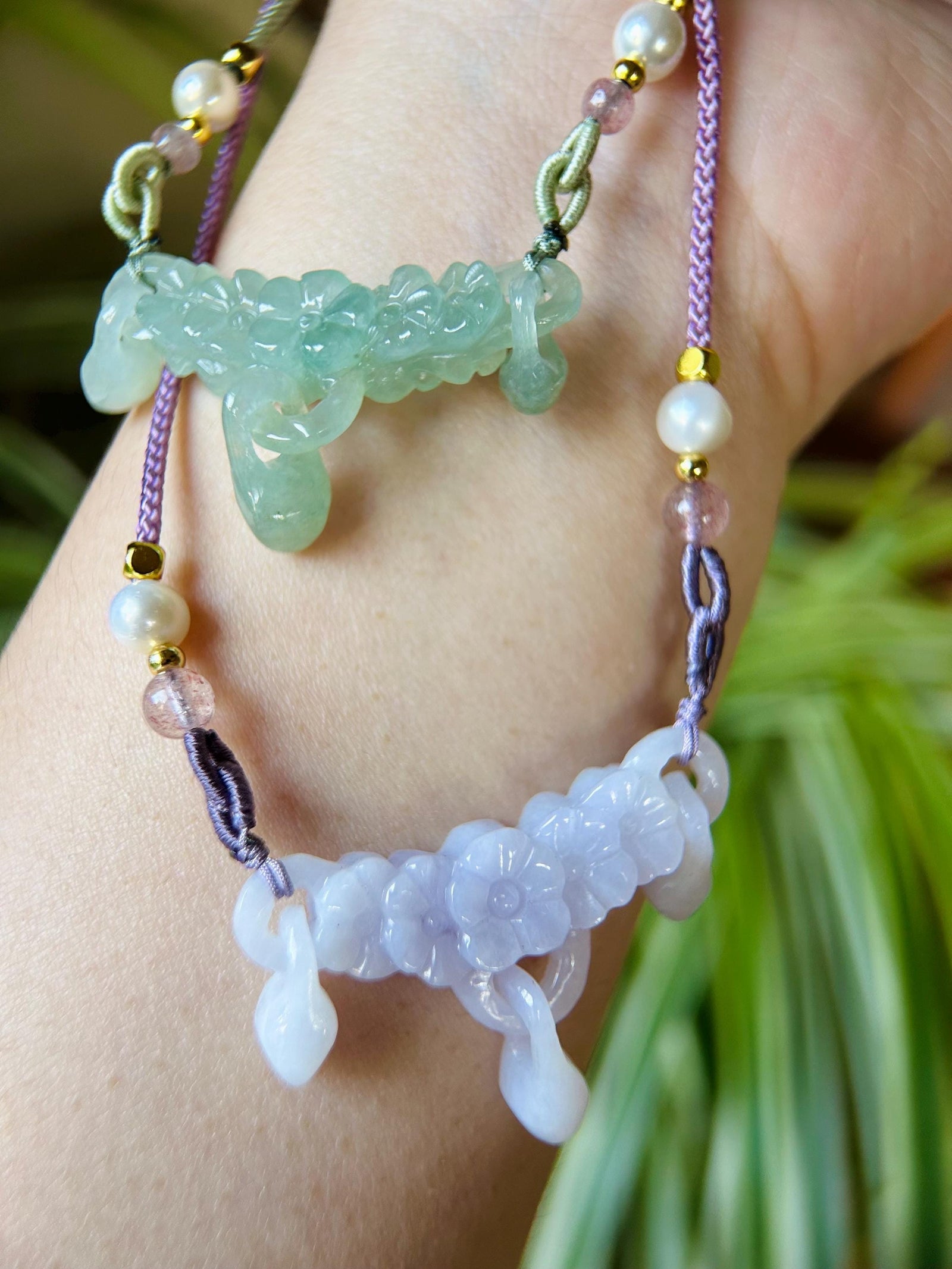 Jadeite Jade Crecent Pendant Handwoven Jewelry Gift Natural Burmese Type A Highly Translucent Icy Green or Purple Hand-carved Jade Flower