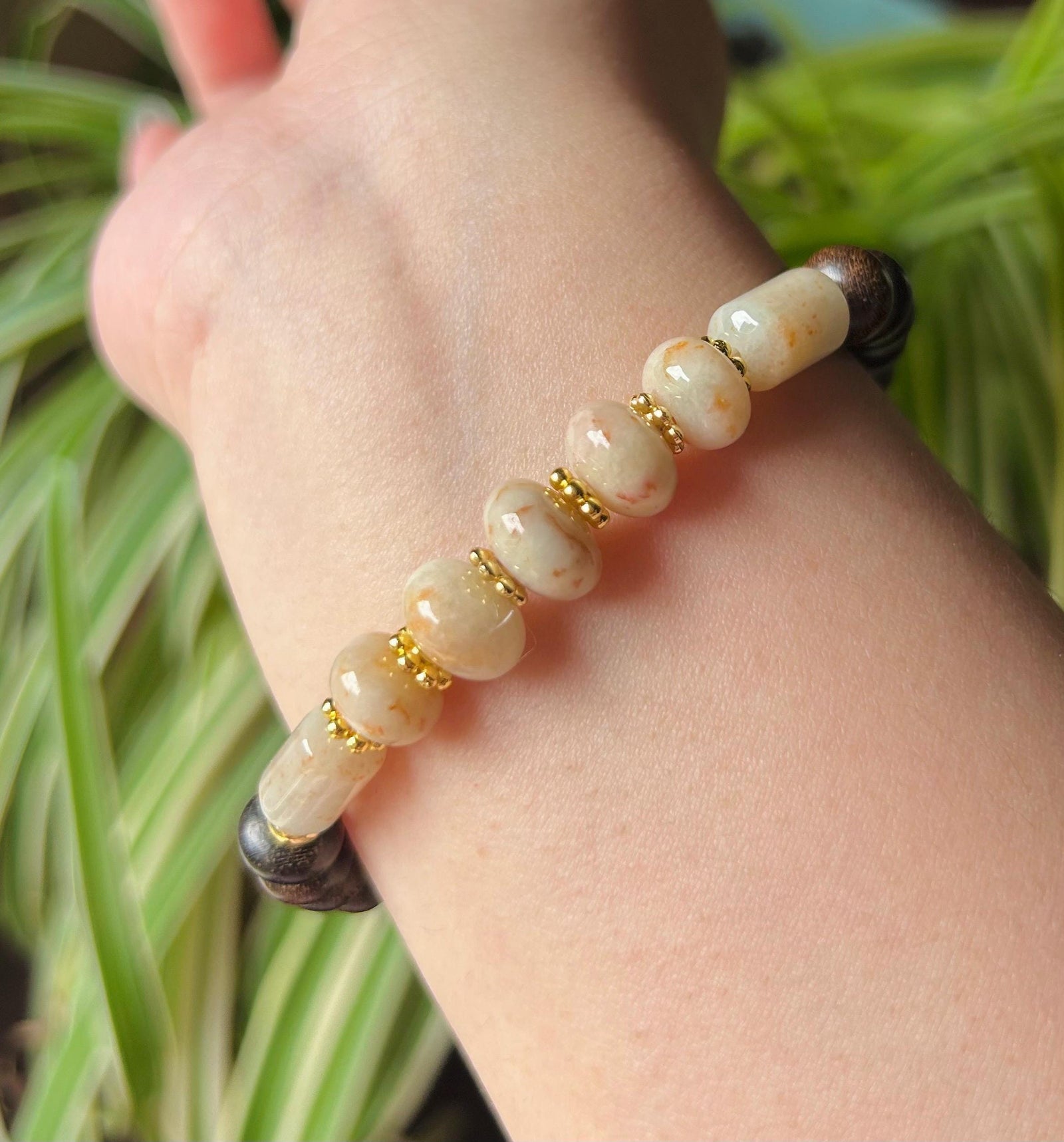 Jadeite Jade & Wood Beaded Bracelet Jewelry Gift for Her Natural Burmese Untreated Icy Translucent Type A RARE Red Floral Jade 10.5mm FeiCui