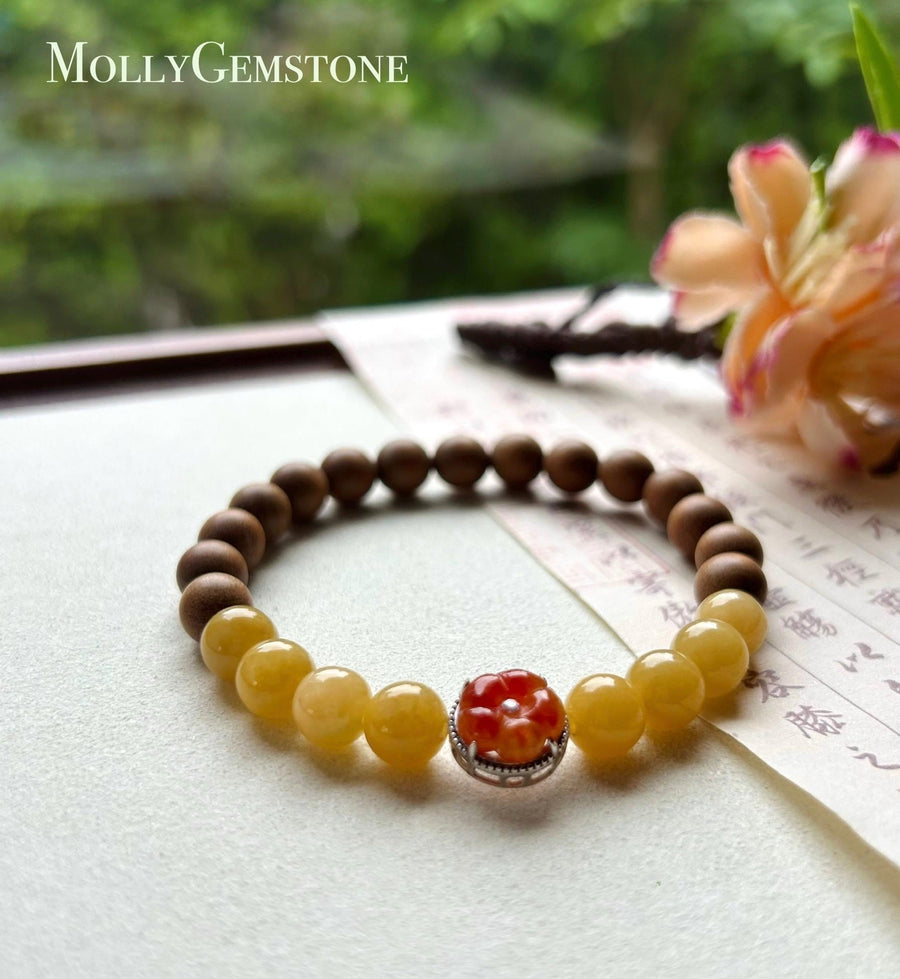 Jadeite Jade & Sandlewood Beaded Bracelet Jewelry Gift for Her Natural Burmese Type A Icy Translucent Yellow and Red Jade 7.8mm FeiCui