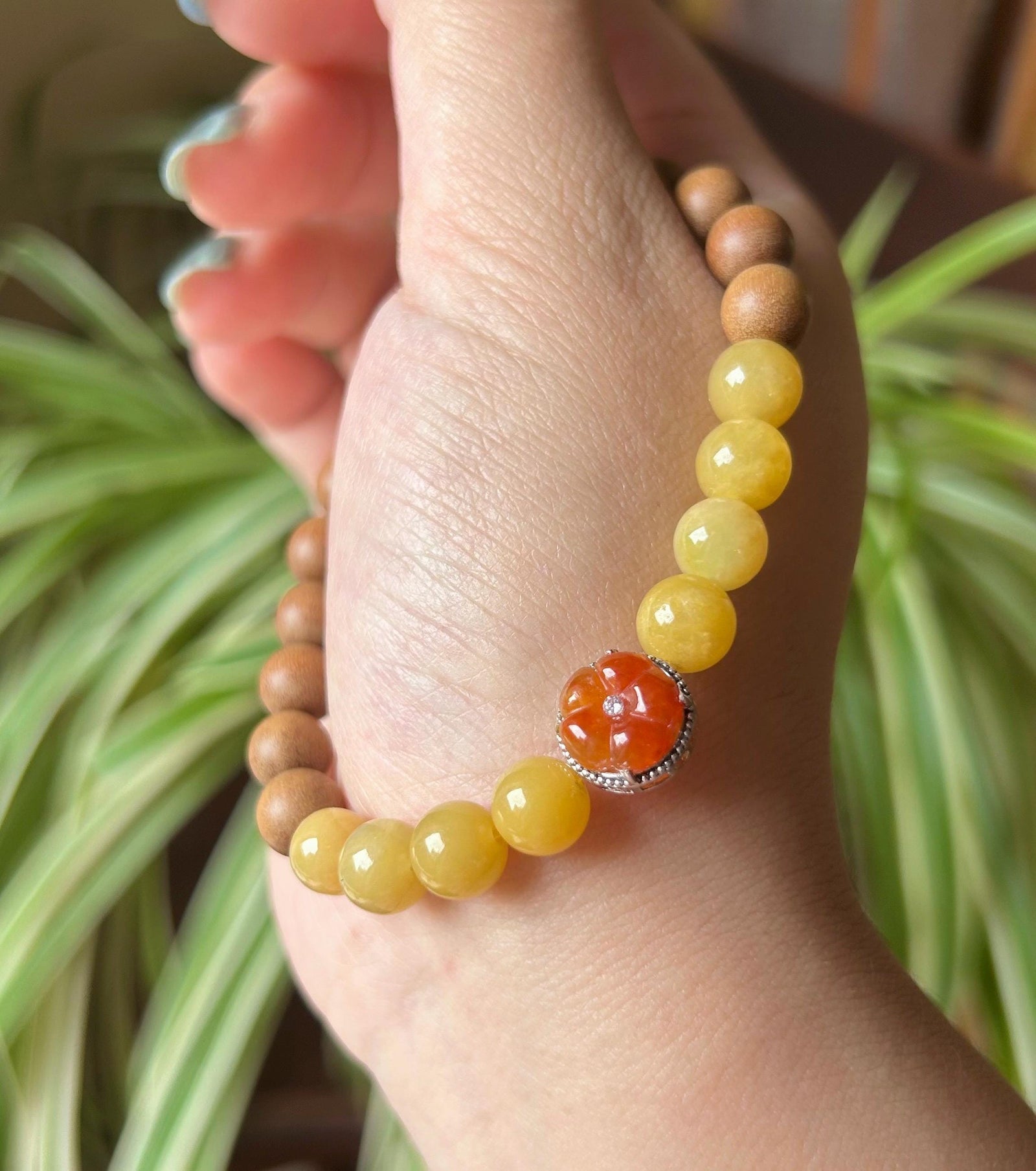 Jadeite Jade & Sandlewood Beaded Bracelet Jewelry Gift for Her Natural Burmese Type A Icy Translucent Yellow and Red Jade 7.8mm FeiCui