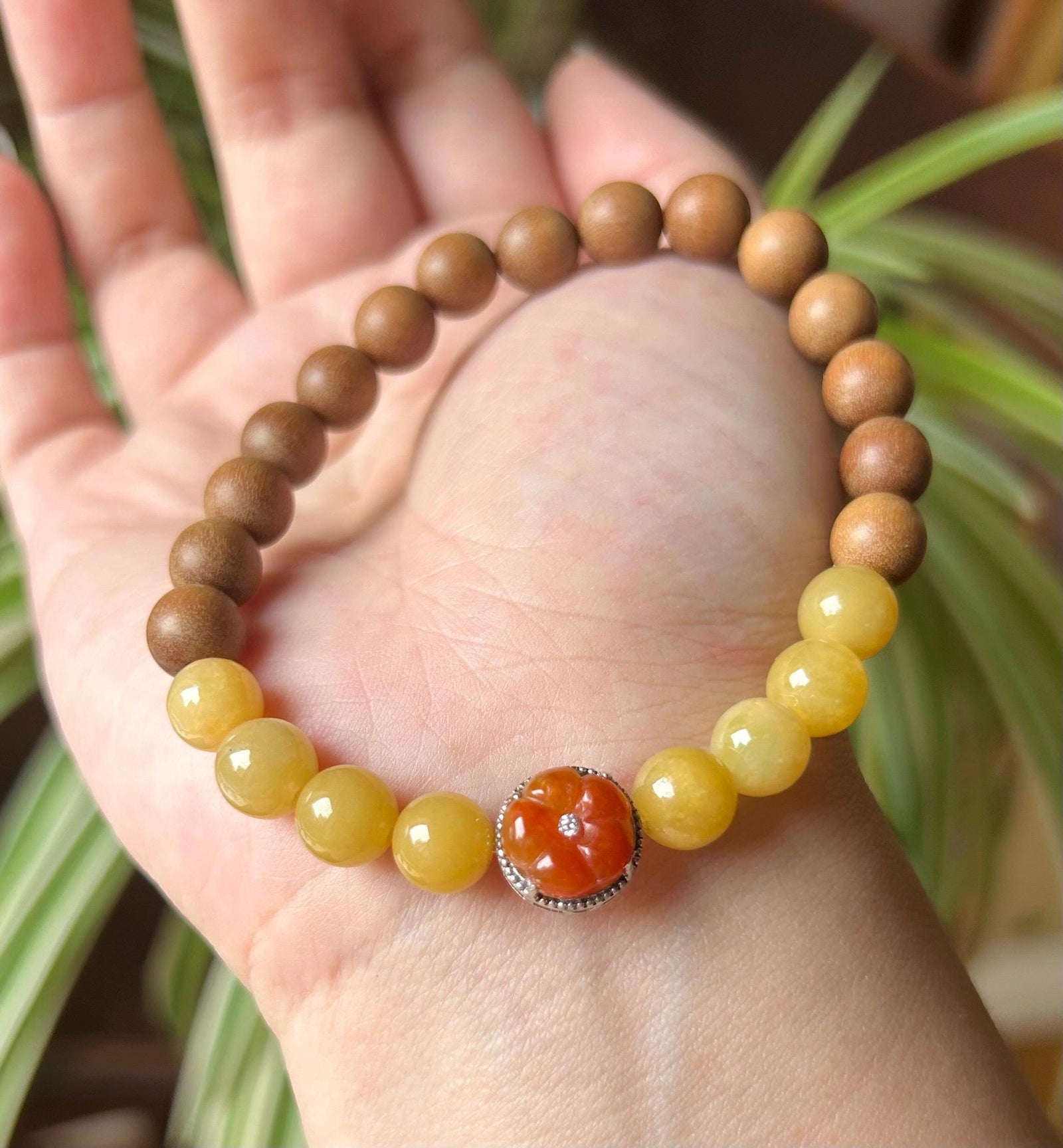 Jadeite Jade & Sandlewood Beaded Bracelet Jewelry Gift for Her Natural Burmese Type A Icy Translucent Yellow and Red Jade 7.8mm FeiCui