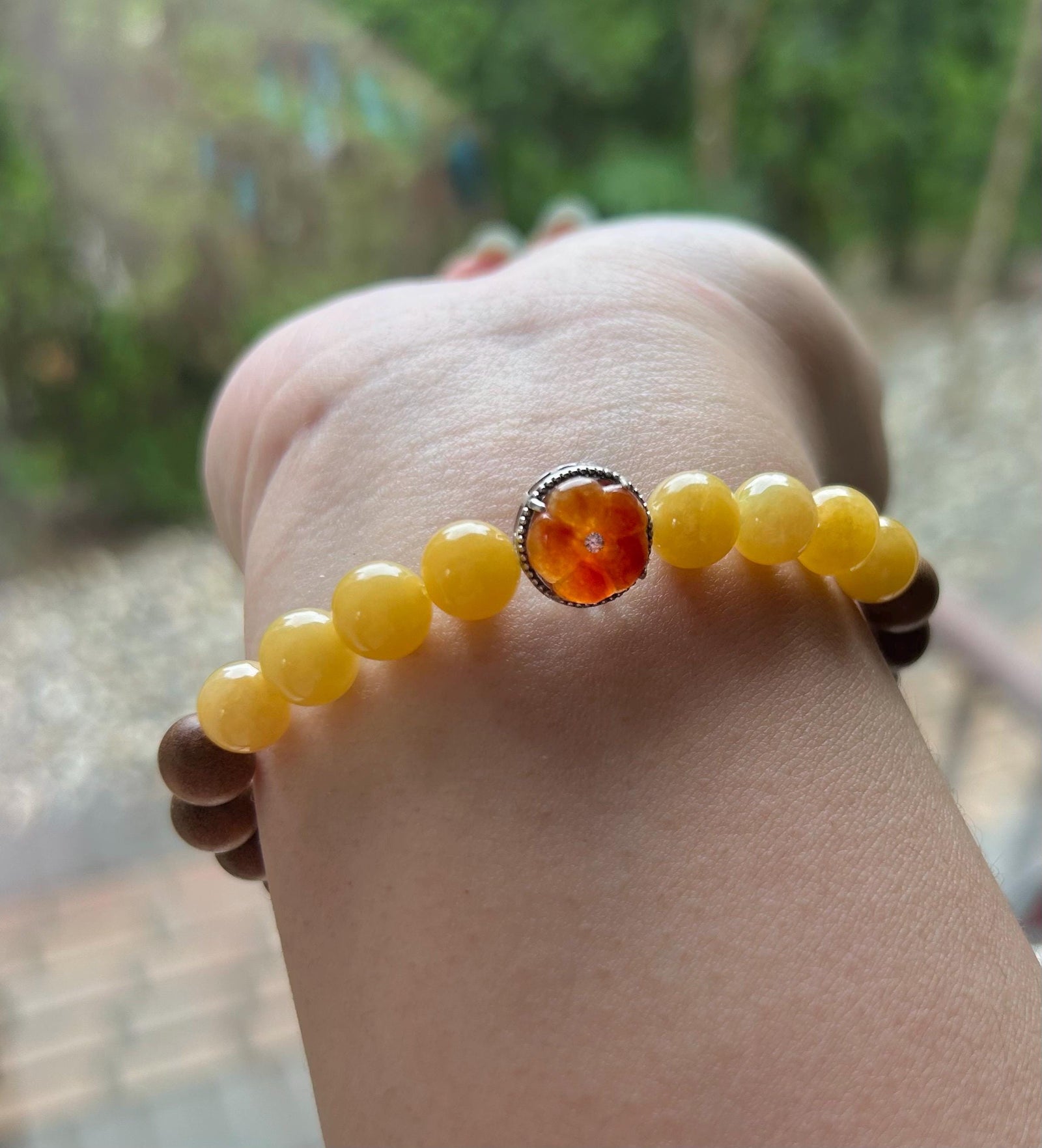 Jadeite Jade & Sandlewood Beaded Bracelet Jewelry Gift for Her Natural Burmese Type A Icy Translucent Yellow and Red Jade 7.8mm FeiCui
