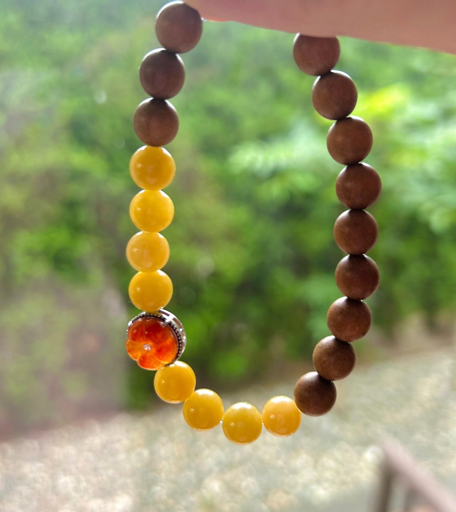 Jadeite Jade & Sandlewood Beaded Bracelet Jewelry Gift for Her Natural Burmese Type A Icy Translucent Yellow and Red Jade 7.8mm FeiCui