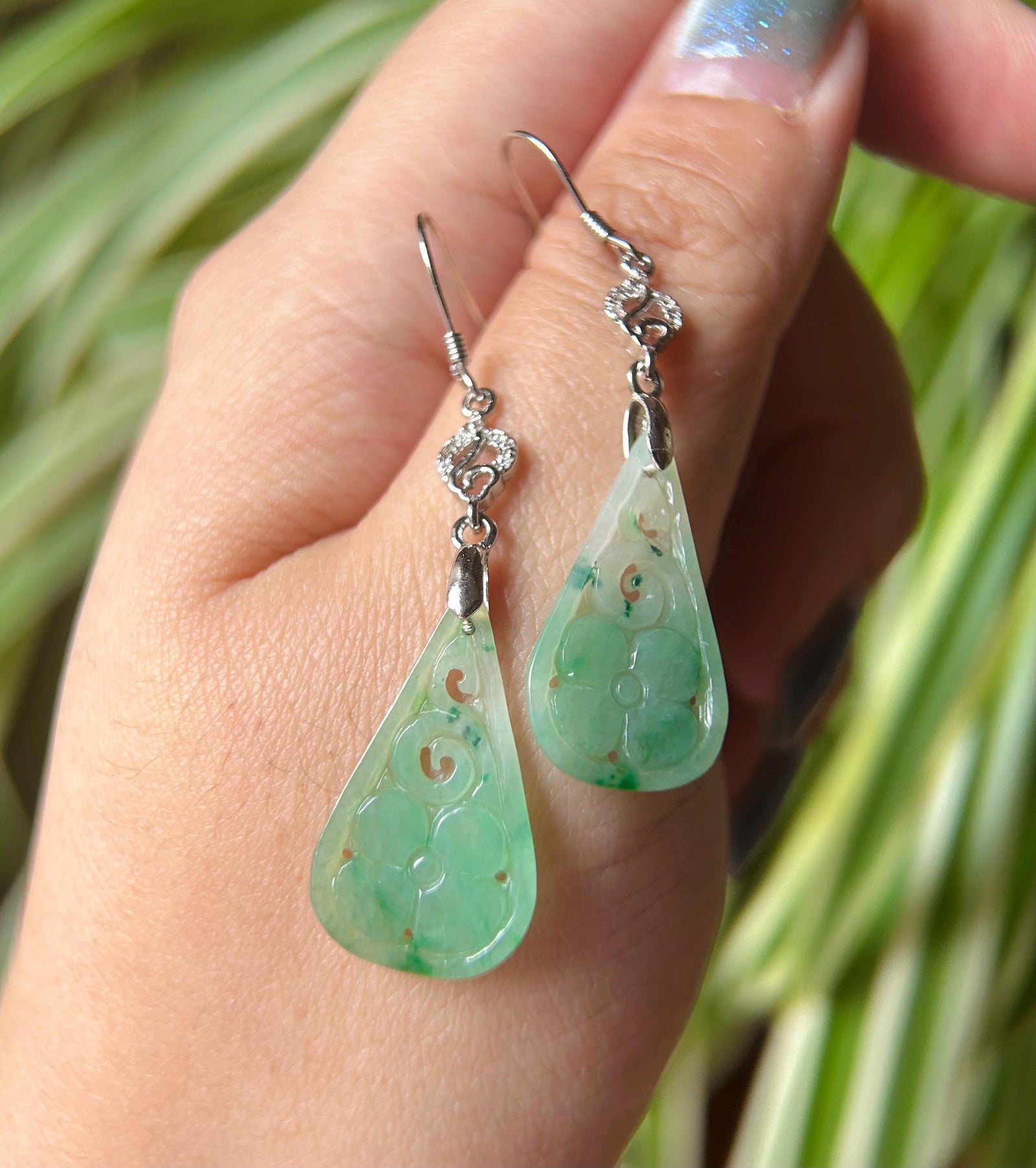 Jadeite Jade & Silver Earrings Handcrafted Jewelry Gift for Her Natural Burmese Type A Icy Translucent Gelatinous Icy Green Floral Jade