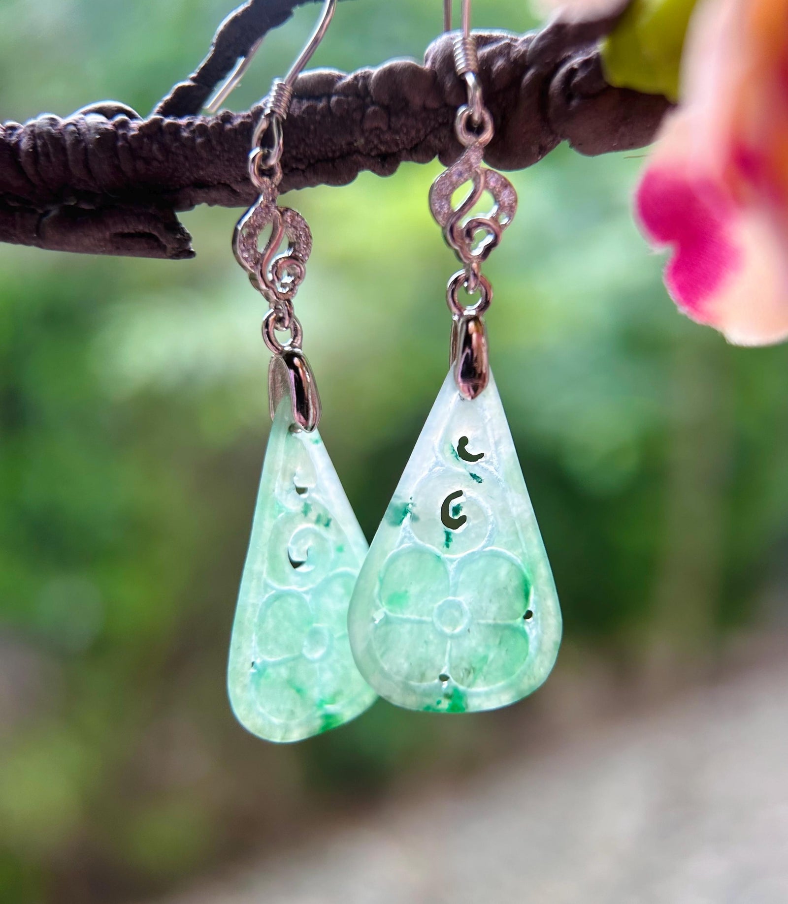Jadeite Jade & Silver Earrings Handcrafted Jewelry Gift for Her Natural Burmese Type A Icy Translucent Gelatinous Icy Green Floral Jade