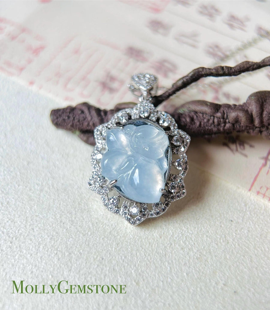 Jade Fairy Sterling Silver Pendant Necklace Gift Natural Burmese Type A Superior High Translucency Icy White Jadeite