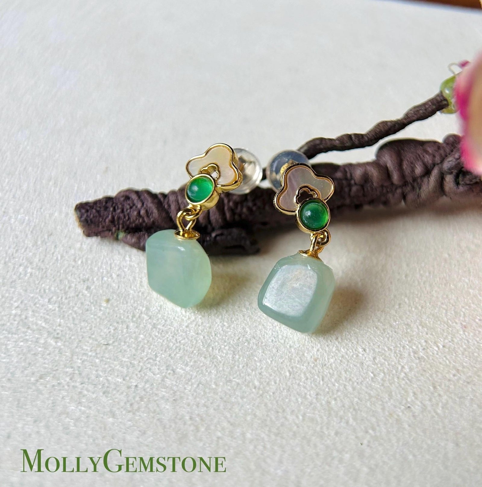 Jadeite Jade Ice Cube Beaded Earrings Handmade Jewelry Gift for Her Natural Burma Type A Highly Translucent Jade Sterling Silver Lucky RuYi
