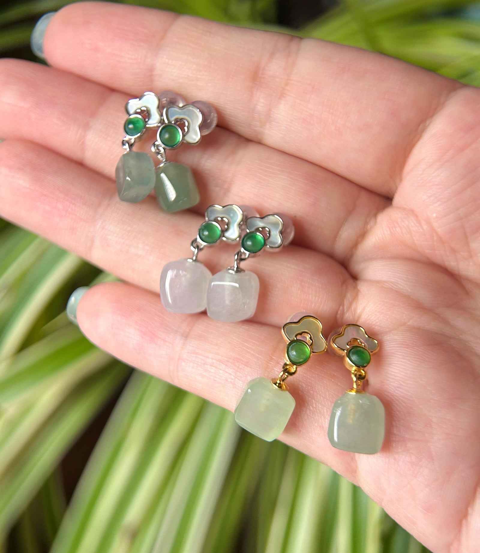 Jadeite Jade Ice Cube Beaded Earrings Handmade Jewelry Gift for Her Natural Burma Type A Highly Translucent Jade Sterling Silver Lucky RuYi