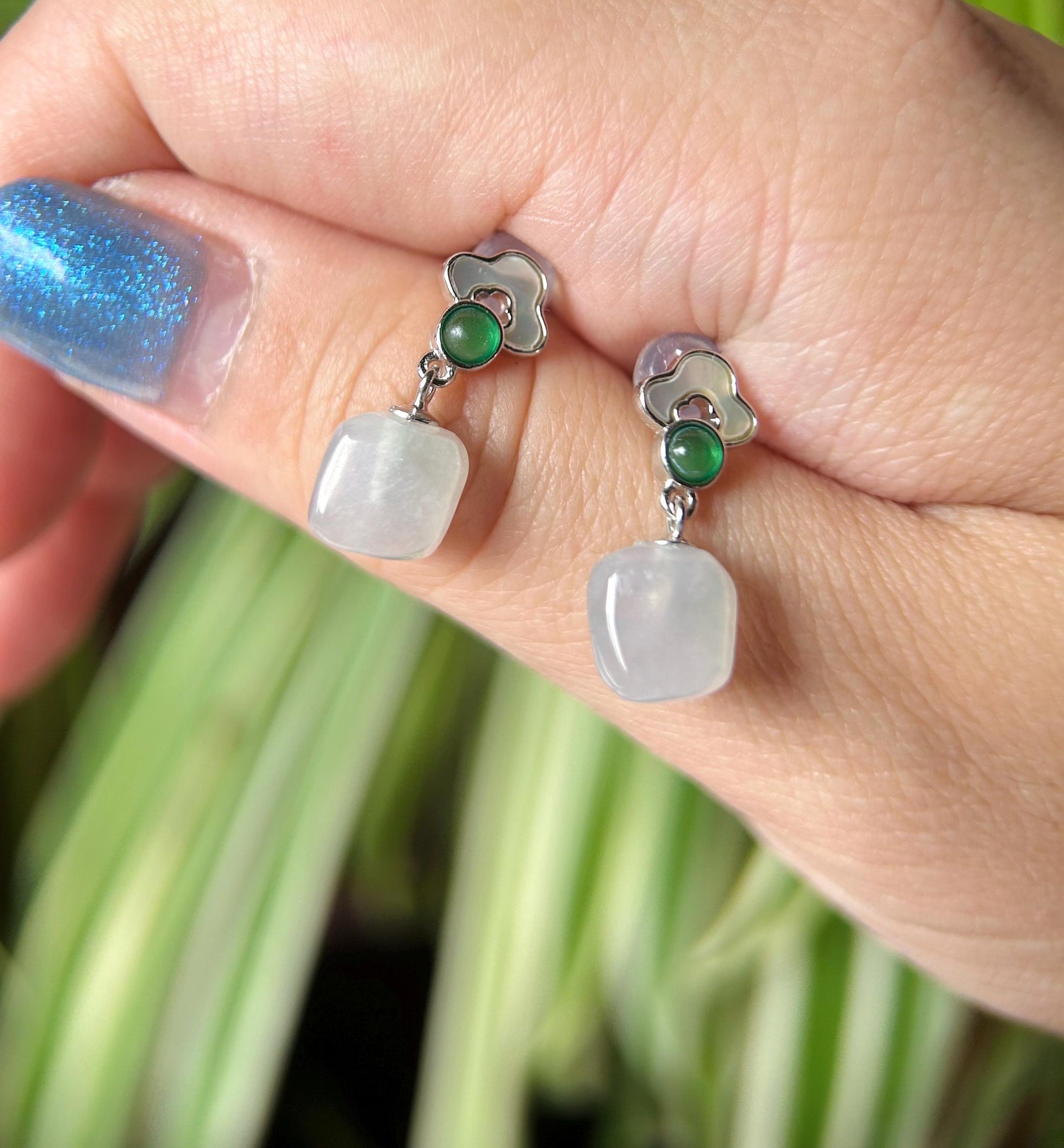 Jadeite Jade Ice Cube Beaded Earrings Handmade Jewelry Gift for Her Natural Burma Type A Highly Translucent Jade Sterling Silver Lucky RuYi