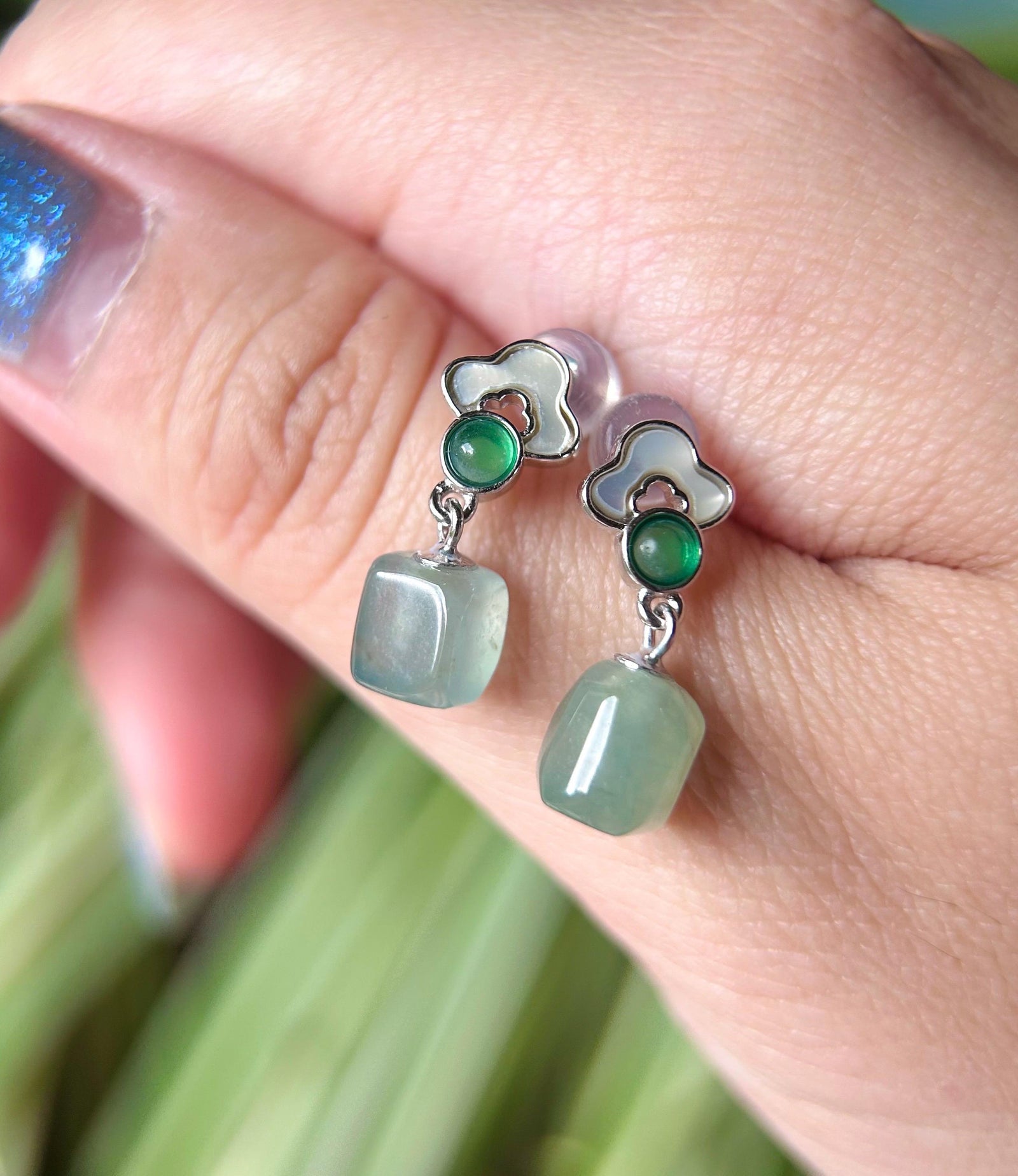 Jadeite Jade Ice Cube Beaded Earrings Handmade Jewelry Gift for Her Natural Burma Type A Highly Translucent Jade Sterling Silver Lucky RuYi