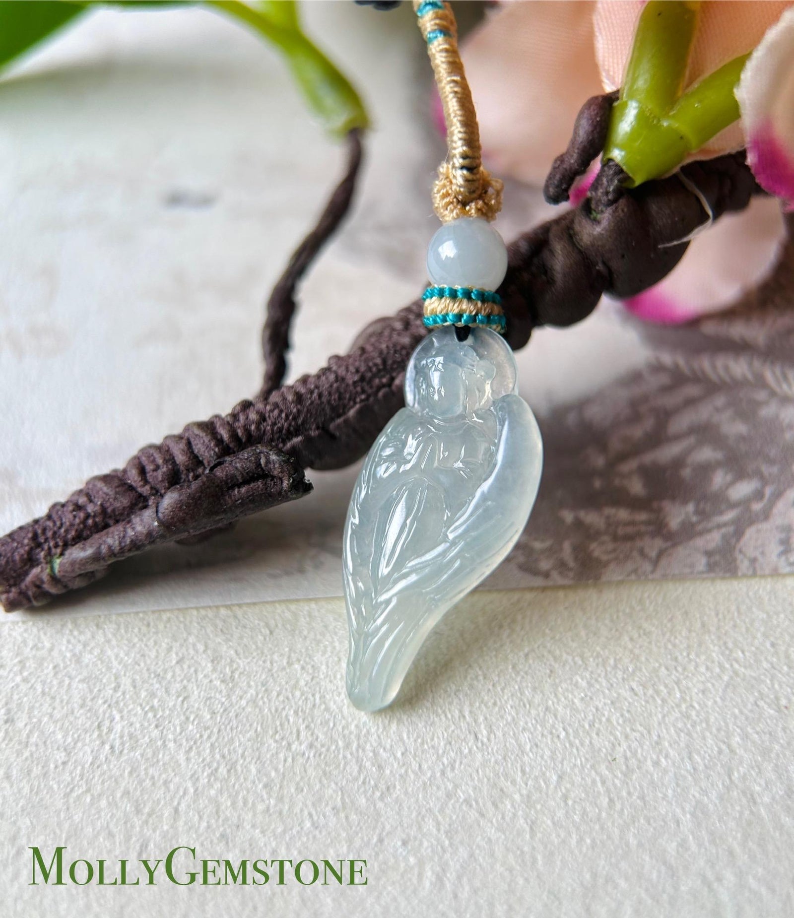 Jadeite Jade Pendant Handwoven Necklace Jewelry Gift Natural Burmese Untreated Type A Icy High Translucent White Dainty Jade Angel