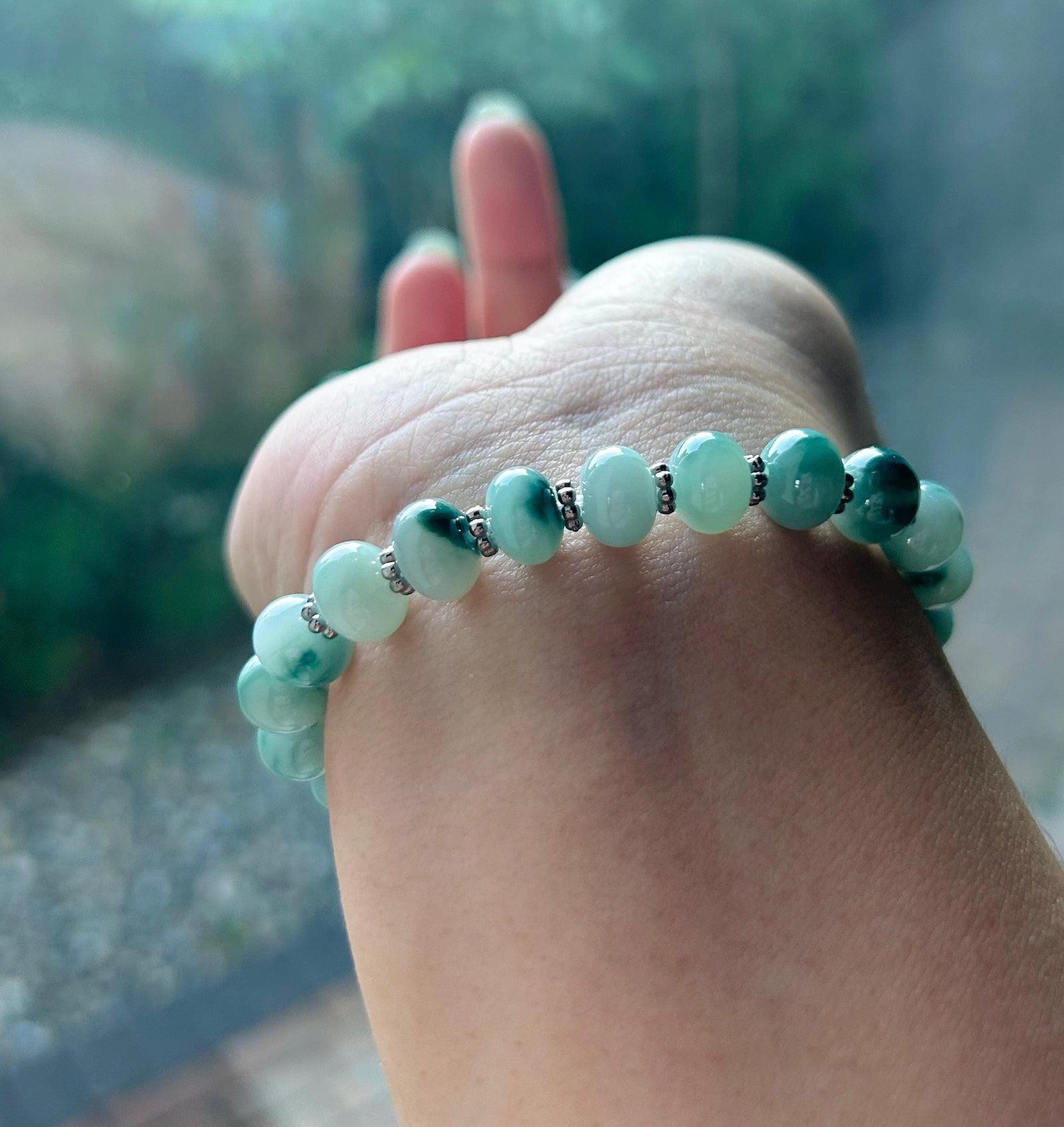 Jadeite Jade Beaded Bracelet Jewelry Gift for Her Natural Untreated Burmese Type A Icy Translucent Blue Floral 9mm Jade Drum Bead FeiCui