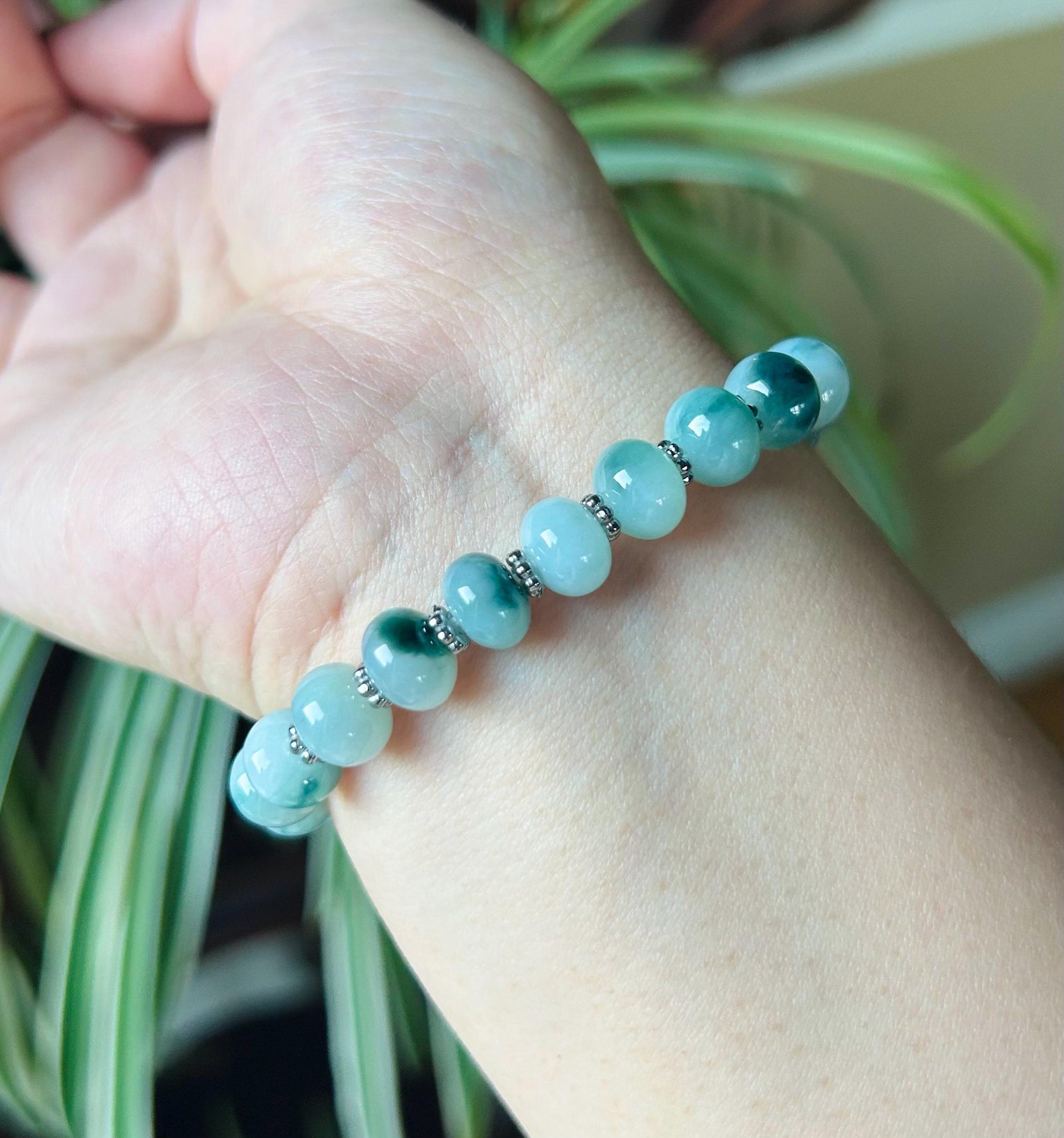 Jadeite Jade Beaded Bracelet Jewelry Gift for Her Natural Untreated Burmese Type A Icy Translucent Blue Floral 9mm Jade Drum Bead FeiCui