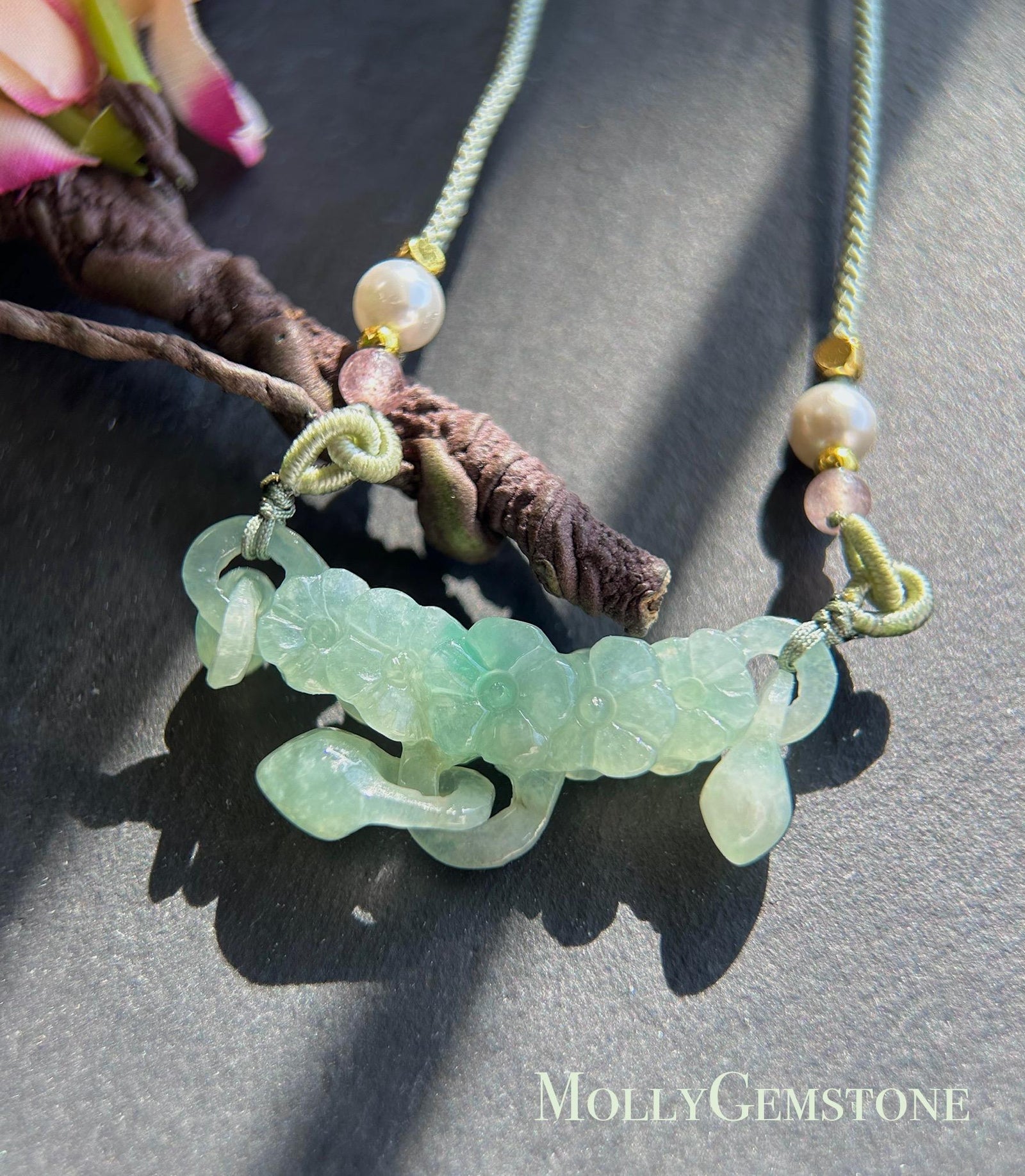 Jadeite Jade Crecent Pendant Handwoven Jewelry Gift Natural Burmese Type A Highly Translucent Icy Green or Purple Hand-carved Jade Flower