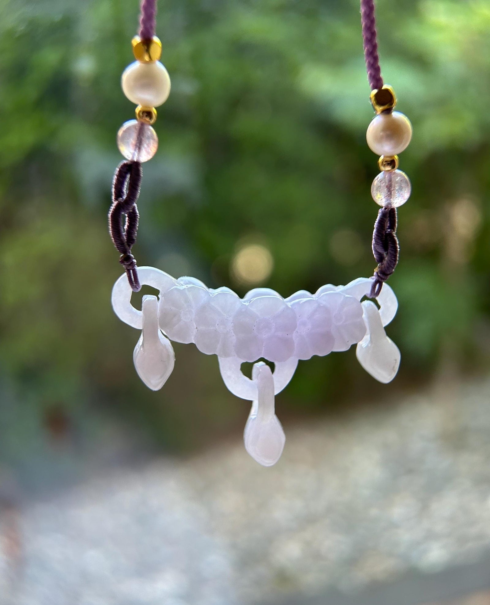 Jadeite Jade Crecent Pendant Handwoven Jewelry Gift Natural Burmese Type A Highly Translucent Icy Green or Purple Hand-carved Jade Flower