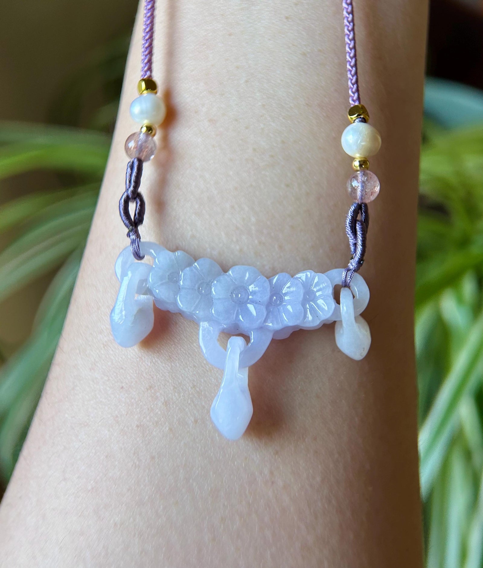 Jadeite Jade Crecent Pendant Handwoven Jewelry Gift Natural Burmese Type A Highly Translucent Icy Green or Purple Hand-carved Jade Flower