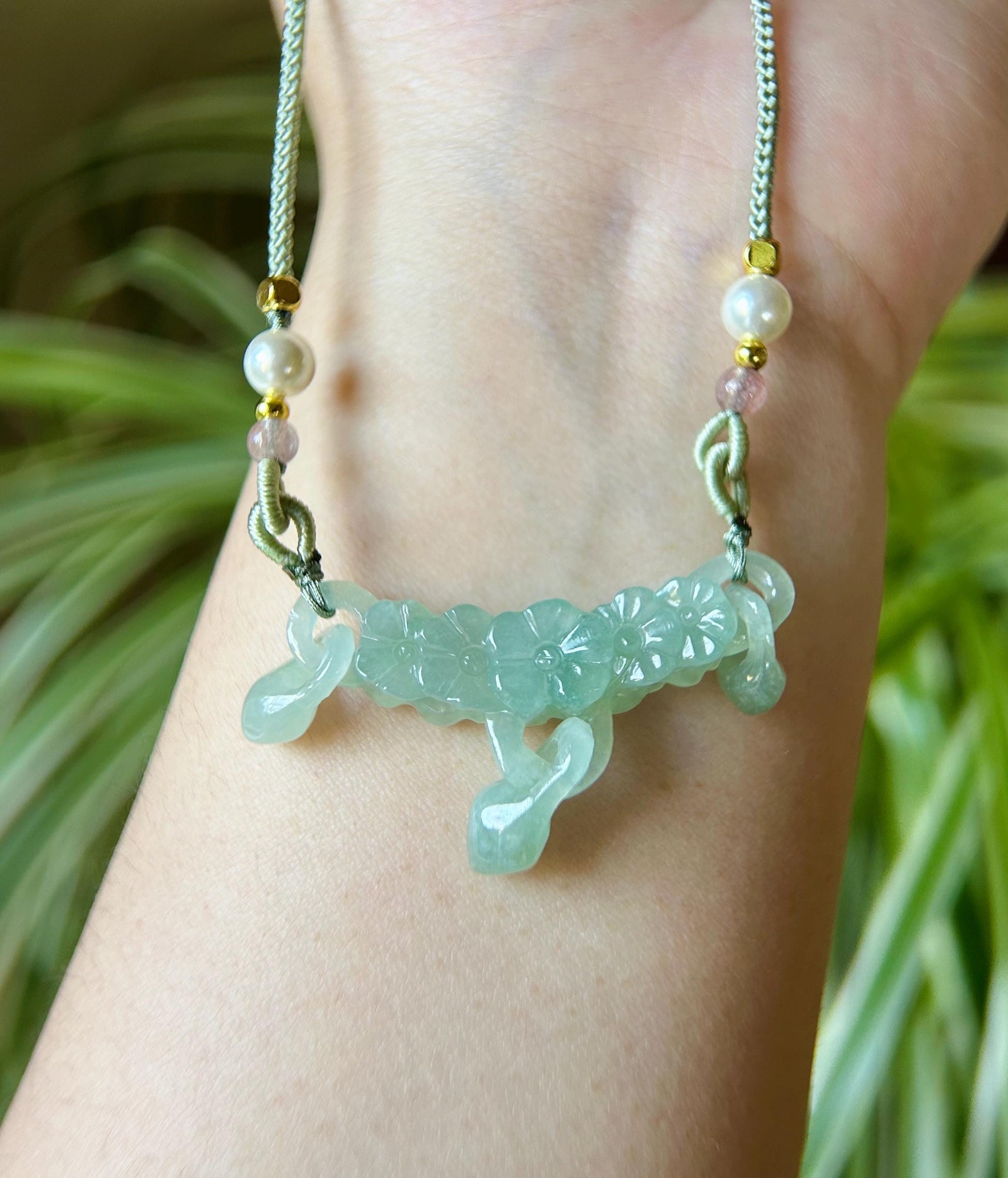 Jadeite Jade Crecent Pendant Handwoven Jewelry Gift Natural Burmese Type A Highly Translucent Icy Green or Purple Hand-carved Jade Flower