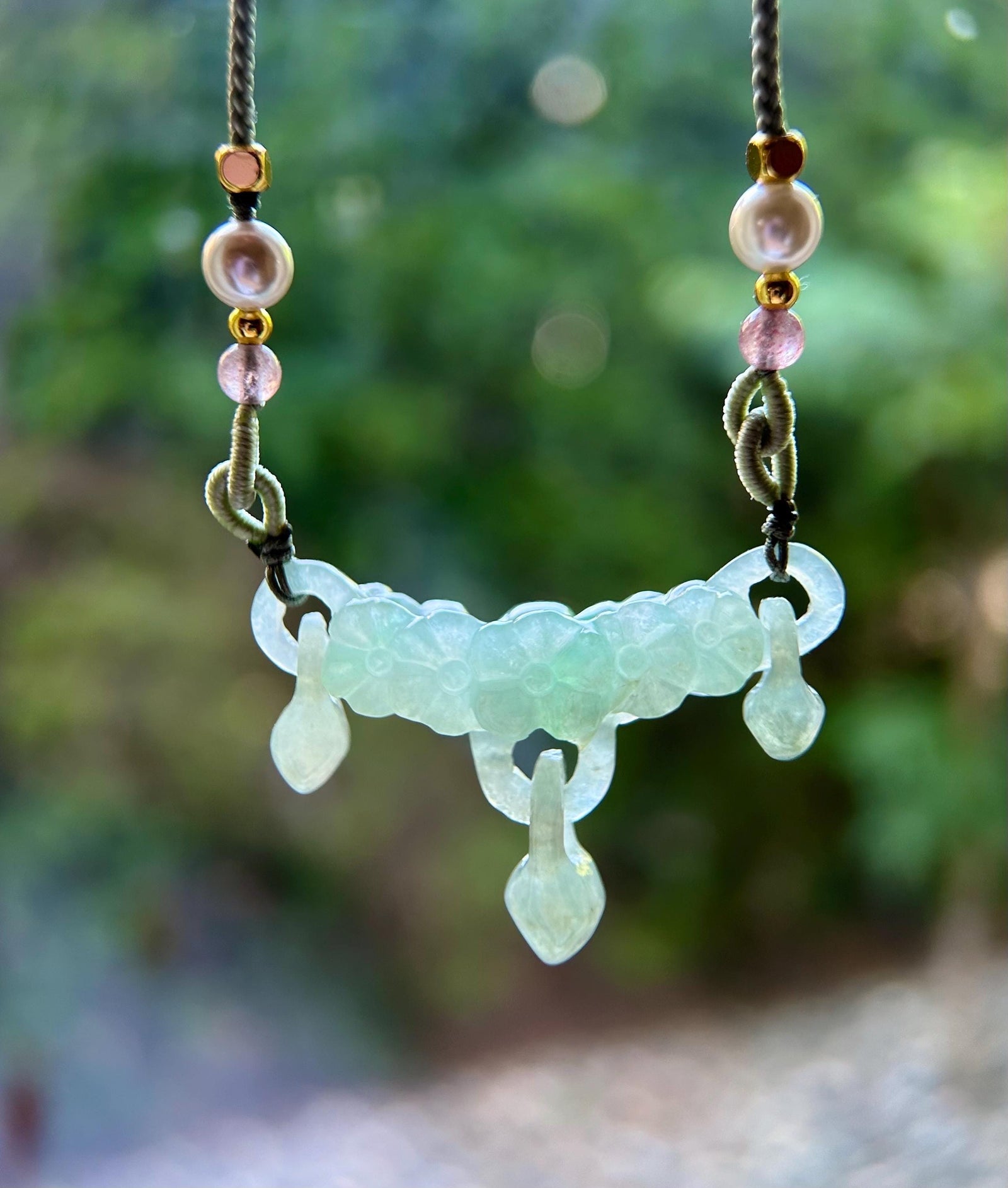 Jadeite Jade Crecent Pendant Handwoven Jewelry Gift Natural Burmese Type A Highly Translucent Icy Green or Purple Hand-carved Jade Flower