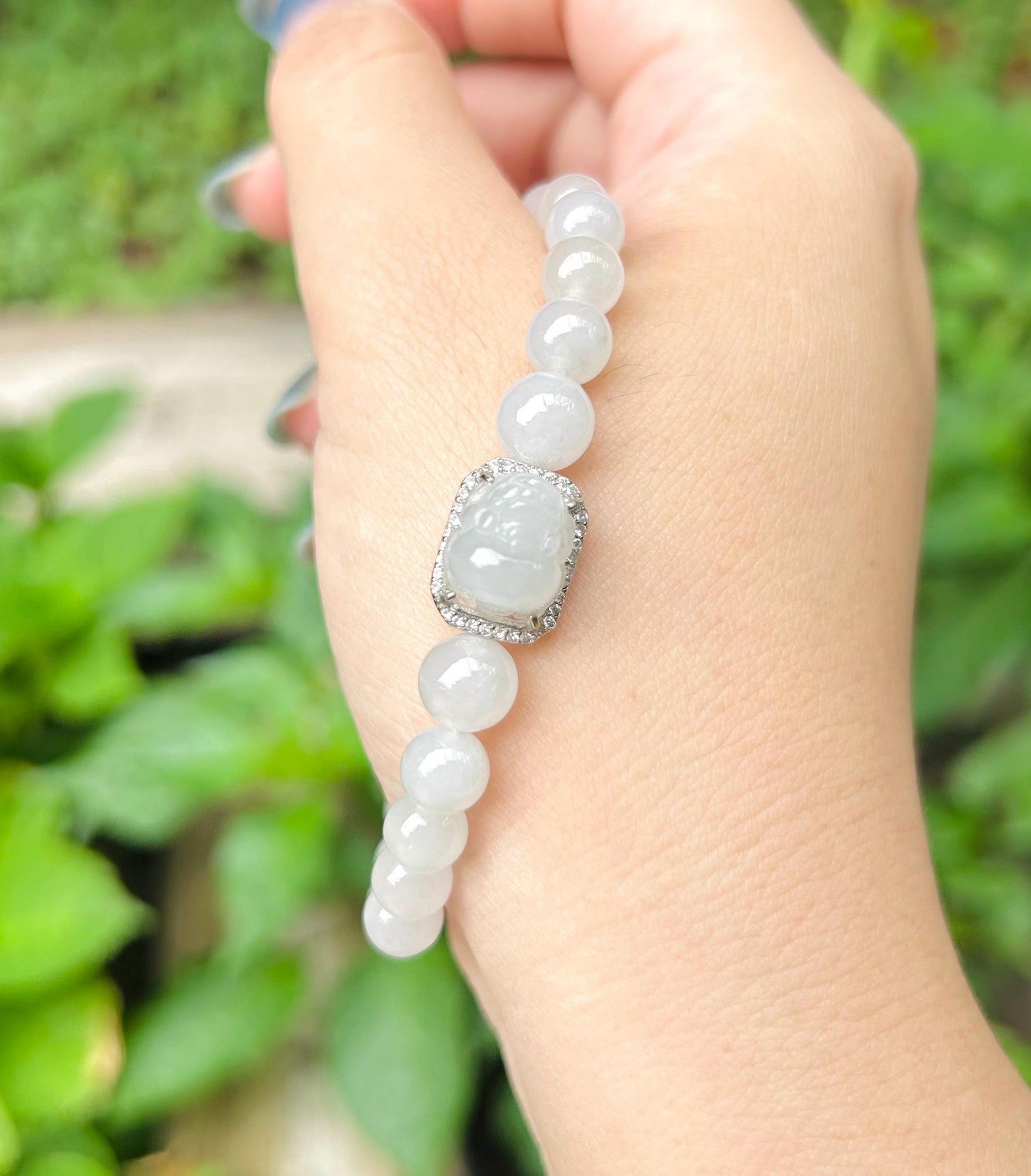 Jadeite Jade Beaded Bracelet Jewelry Gift for Her Natural Burmese Type A Highly Translucent Icy White Jade 7mm & White Jadeite Pixi