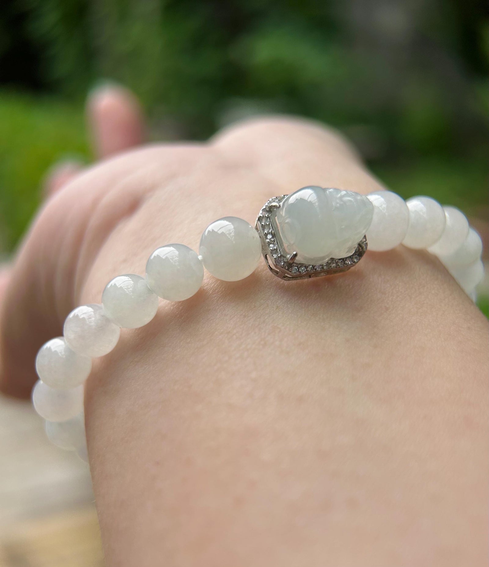Jadeite Jade Beaded Bracelet Jewelry Gift for Her Natural Burmese Type A Highly Translucent Icy White Jade 7mm & White Jadeite Pixi