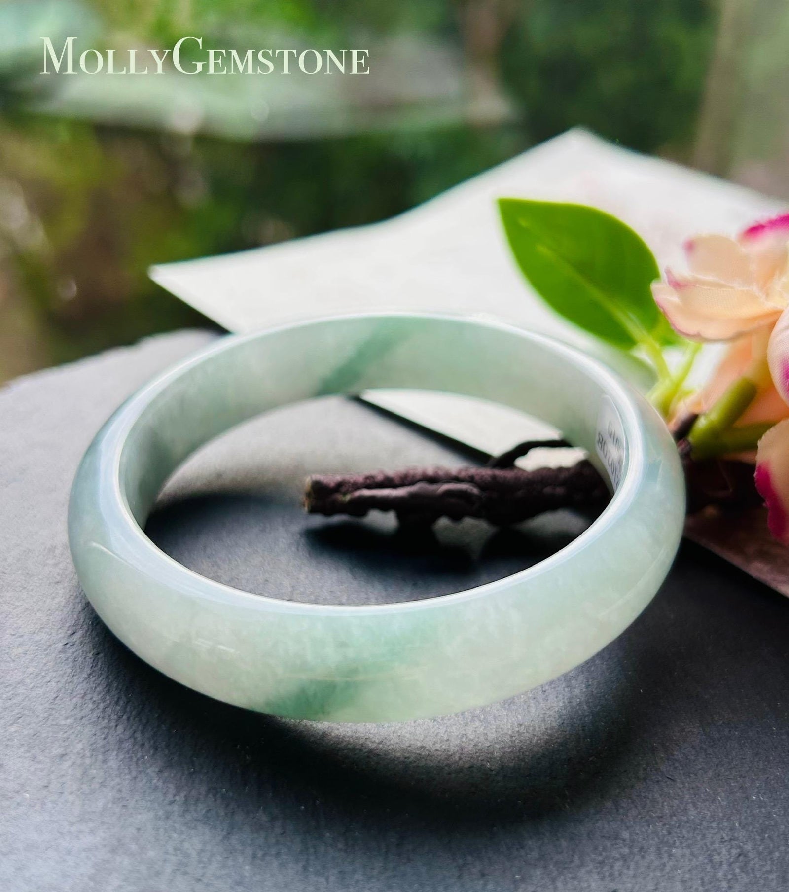 Jadeite Jade Bangle Jewelry Gift for Her Natural Burmese Untreated Type A Light Green Floral Jade Bangle 57.6 x 12.5 x7.9mm Fei-Cui Bangle