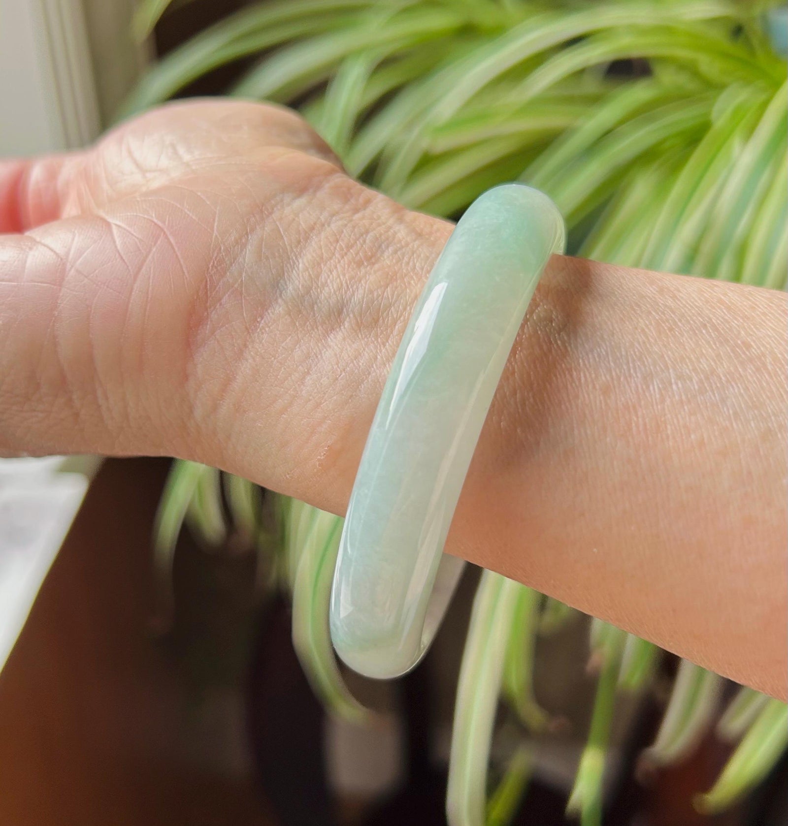 Jadeite Jade Bangle Jewelry Gift for Her Natural Burmese Untreated Type A Light Green Floral Jade Bangle 57.6 x 12.5 x7.9mm Fei-Cui Bangle