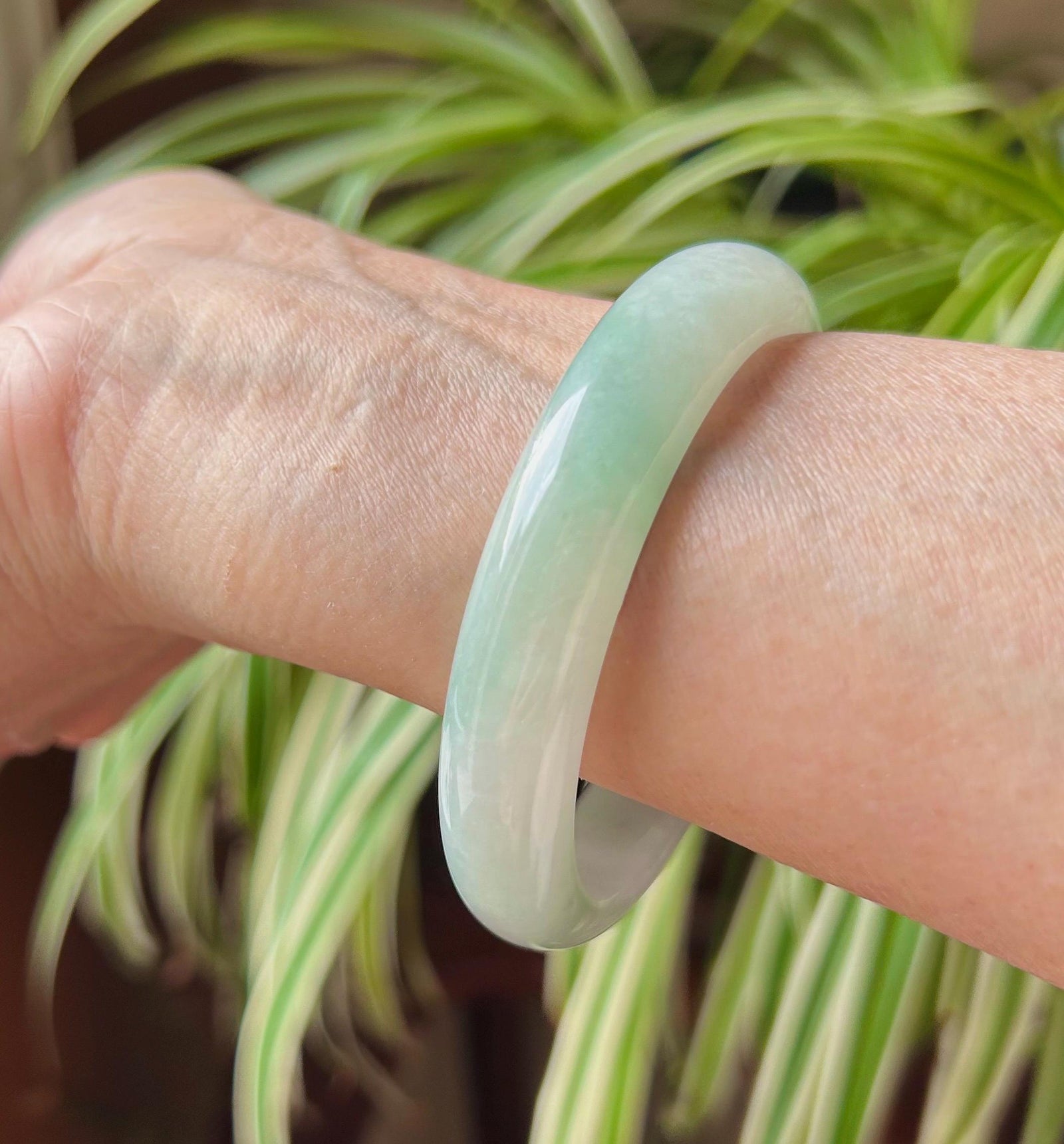 Jadeite Jade Bangle Jewelry Gift for Her Natural Burmese Untreated Type A Light Green Floral Jade Bangle 57.6 x 12.5 x7.9mm Fei-Cui Bangle