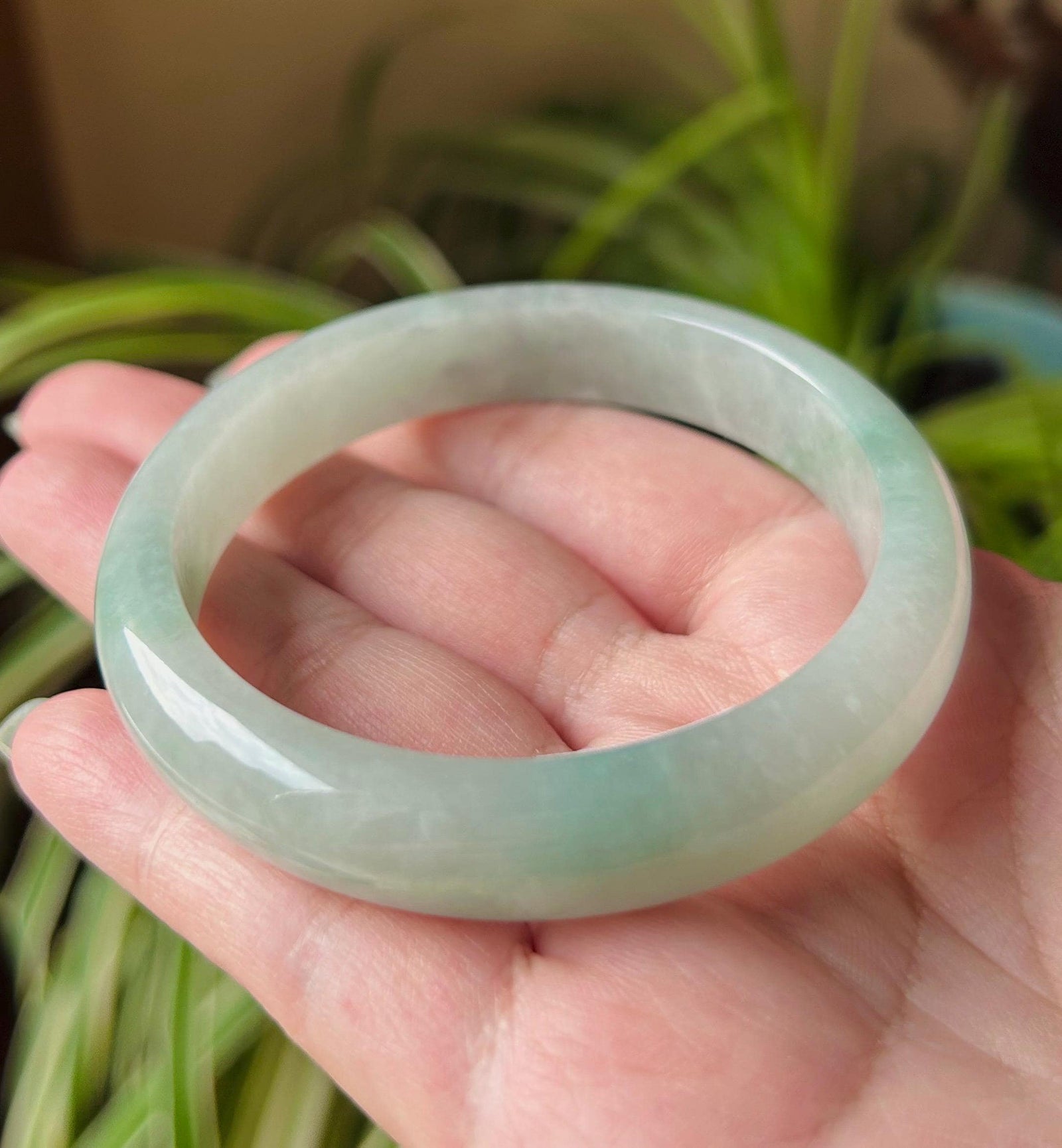 Jadeite Jade Bangle Jewelry Gift for Her Natural Burmese Untreated Type A Light Green Floral Jade Bangle 57.6 x 12.5 x7.9mm Fei-Cui Bangle