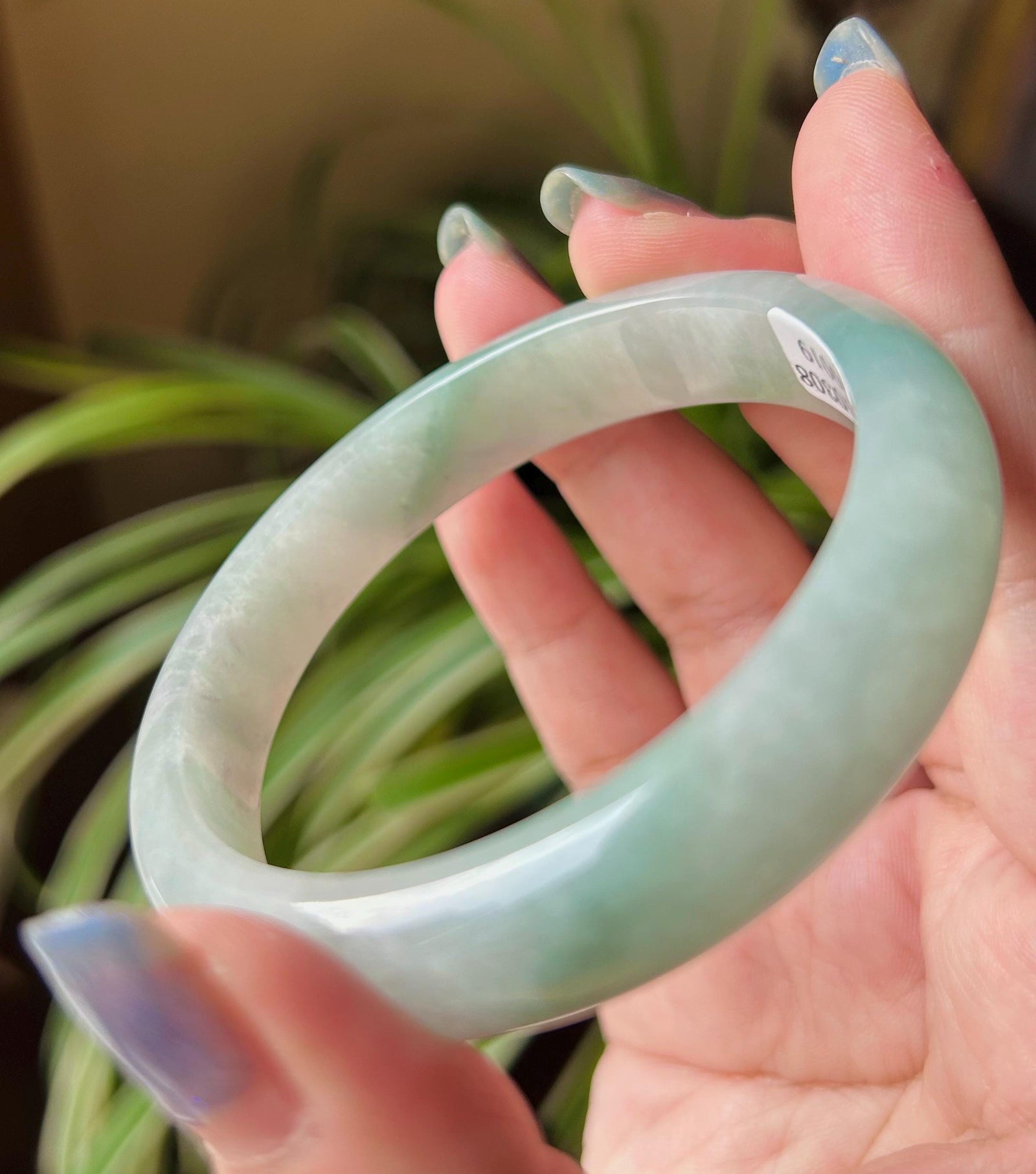 Jadeite Jade Bangle Jewelry Gift for Her Natural Burmese Untreated Type A Light Green Floral Jade Bangle 57.6 x 12.5 x7.9mm Fei-Cui Bangle