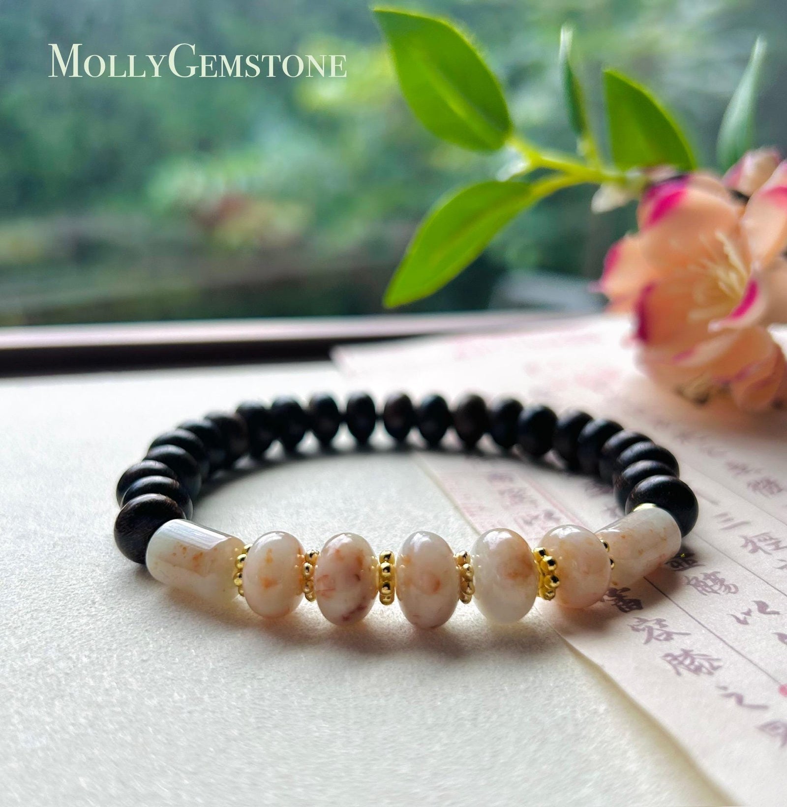 Jadeite Jade & Wood Beaded Bracelet Jewelry Gift for Her Natural Burmese Untreated Icy Translucent Type A RARE Red Floral Jade 10.5mm FeiCui